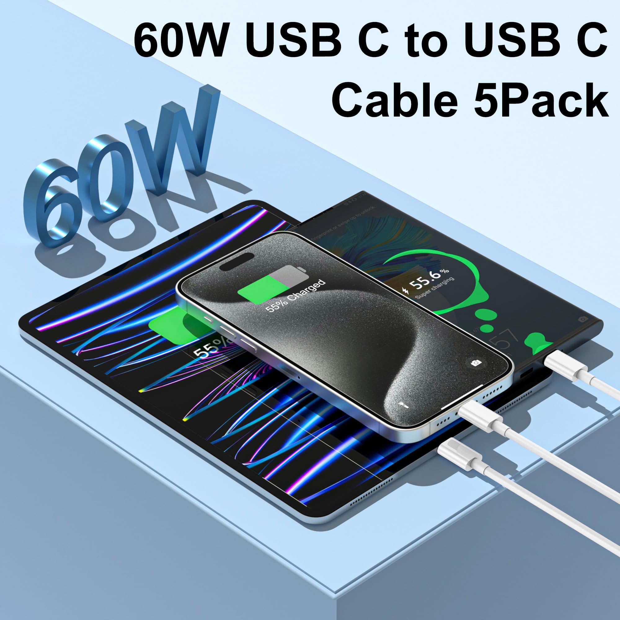 5-Pack 60W USB C to USB C Fast Charging Cable (2M/6.6ft) - Compatible with iPhone 16/15 Series, iPad Pro/Air/Mini, MacBook Air/Pro, Samsung Galaxy & Google Pixel - Perfect for Home, Office & Travel Charging