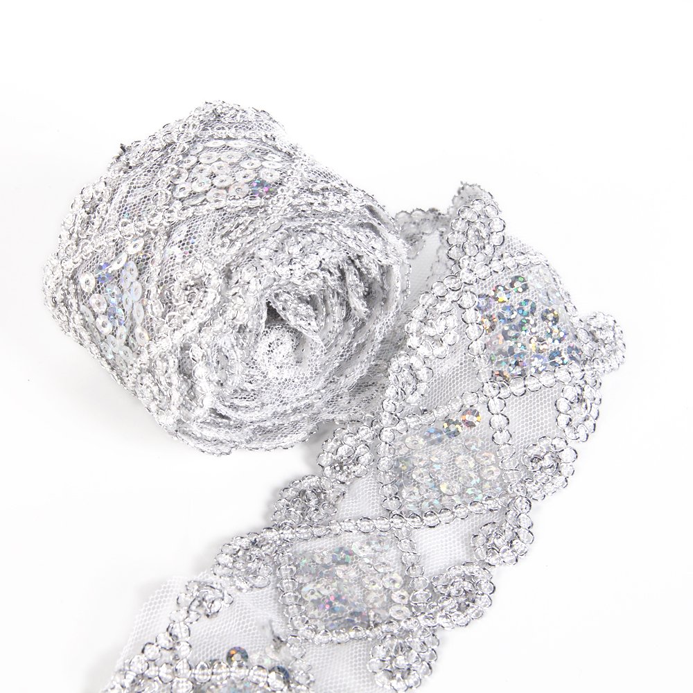 Sequins Lace Ribbon 10 Yards - Silver Trim for Clothing & Home Decor
