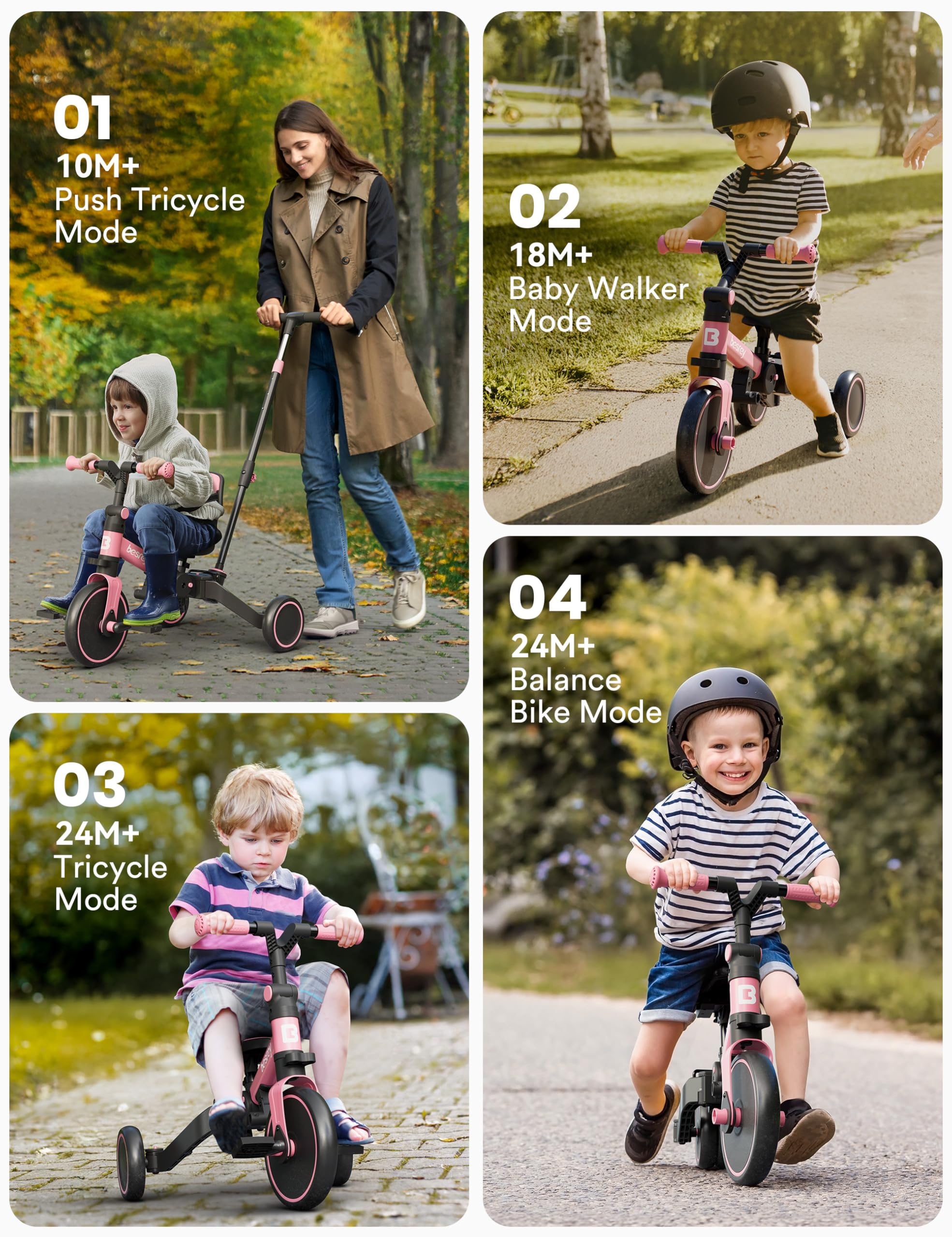 Besrey 5-in-1 Toddler Bike & Tricycle for 1-3 Year Olds - Adjustable Push Handle, Safety Belt & Backrest - Perfect Balance Bike & Birthday Gift for Boys & Girls - Ideal for Outdoor Play, Learning to Ride & Backyard Fun