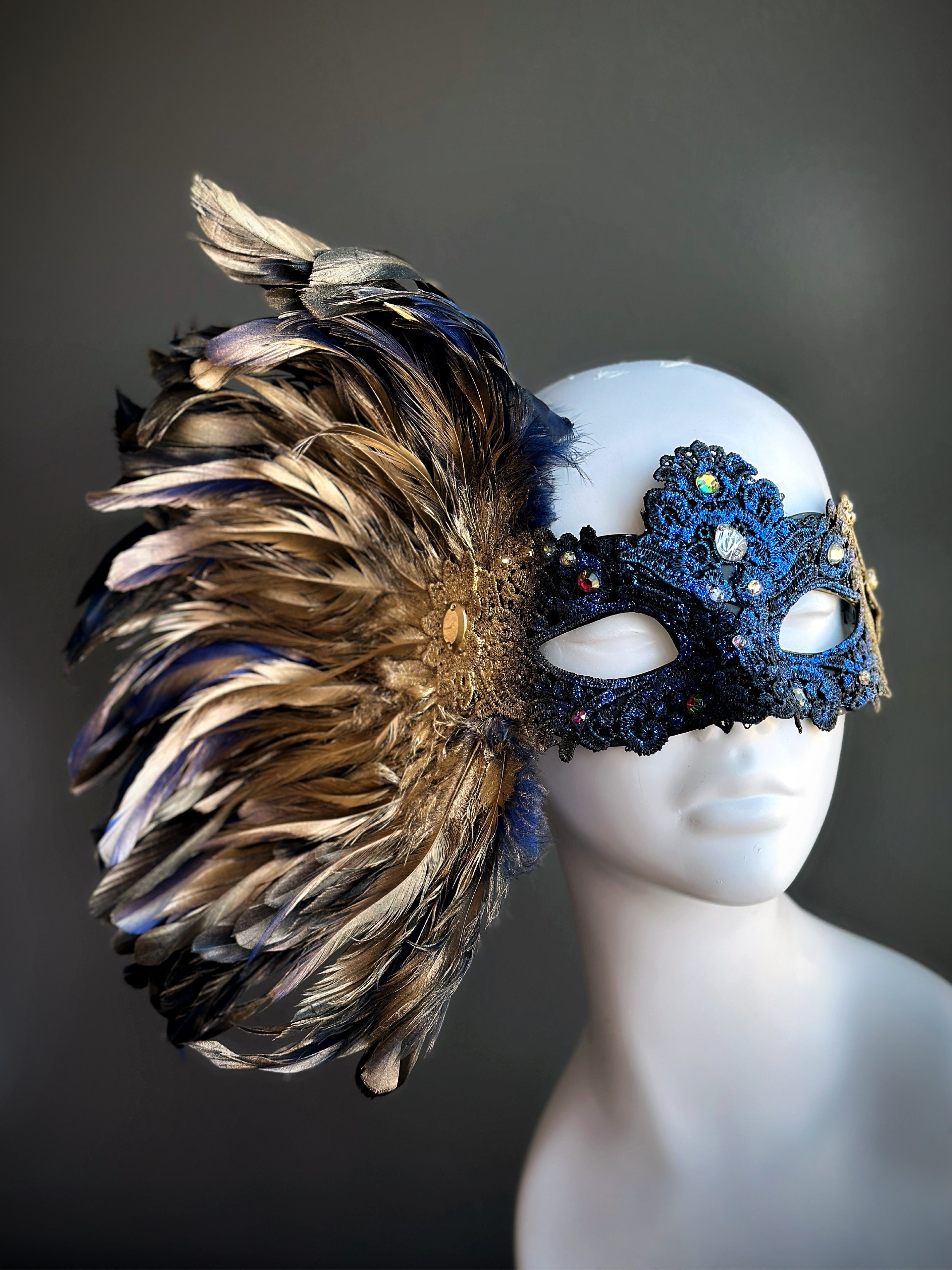 Royal Plume Feather Mask - Elegant Blue & Gold Venetian Style Masquerade Mask for Mardi Gras, Halloween, Costume Parties & Ballroom Dances