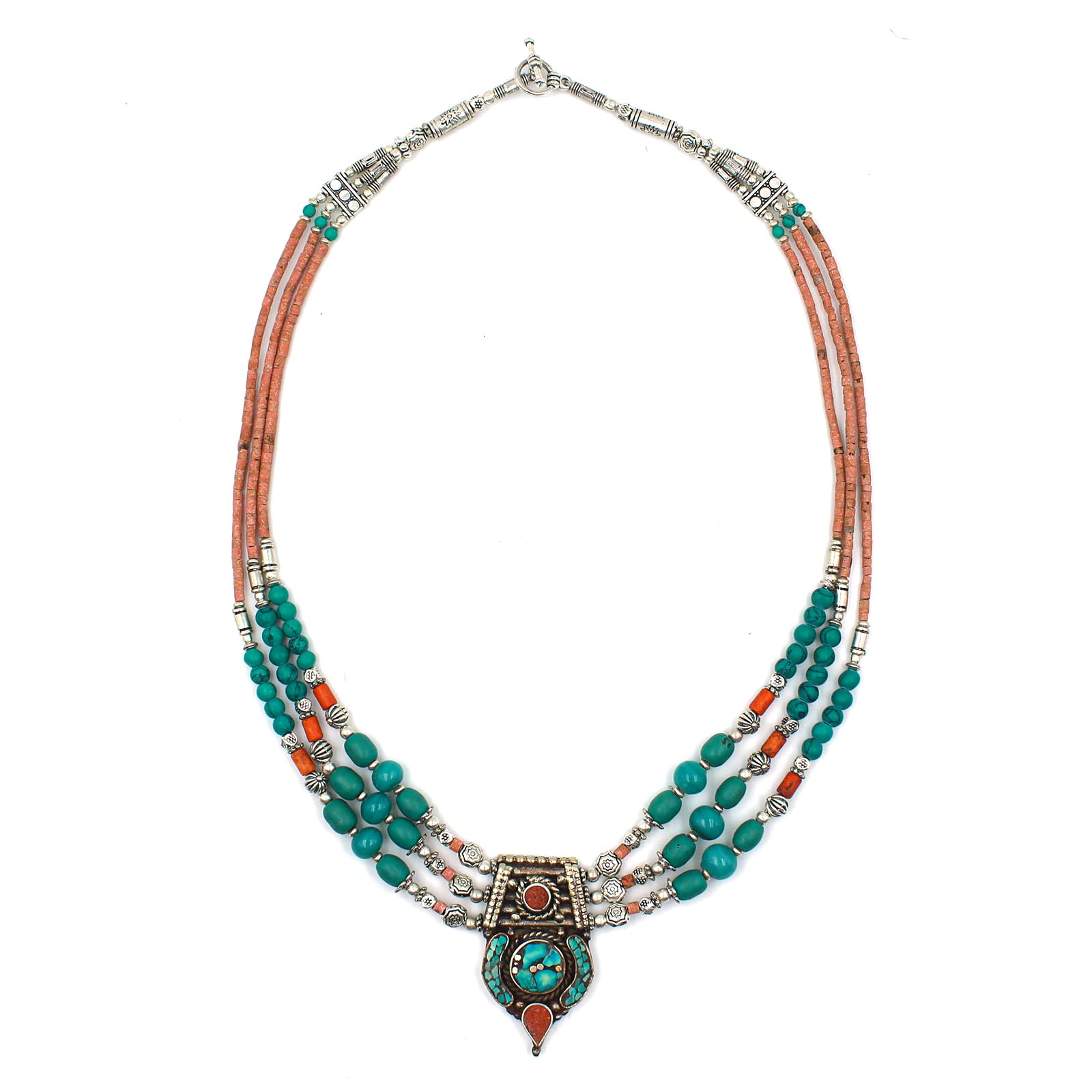 Handmade Tibetan Silver Bohemian Necklace with Turquoise & Coral Gemstones - 18