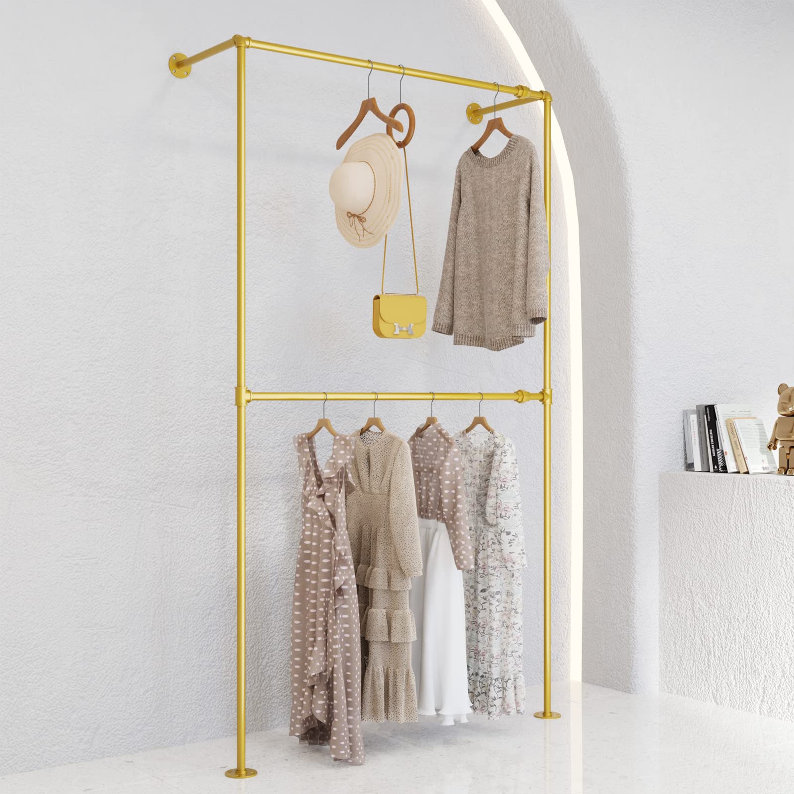 Vintage Industrial Pipe Clothing Rack - Wall Mounted Metal Gold Garment Display Rack with 2-Tier Deluxe Design for Hanging Clothes | Perfect for Retail Stores, Boutiques & Home Closet Organization