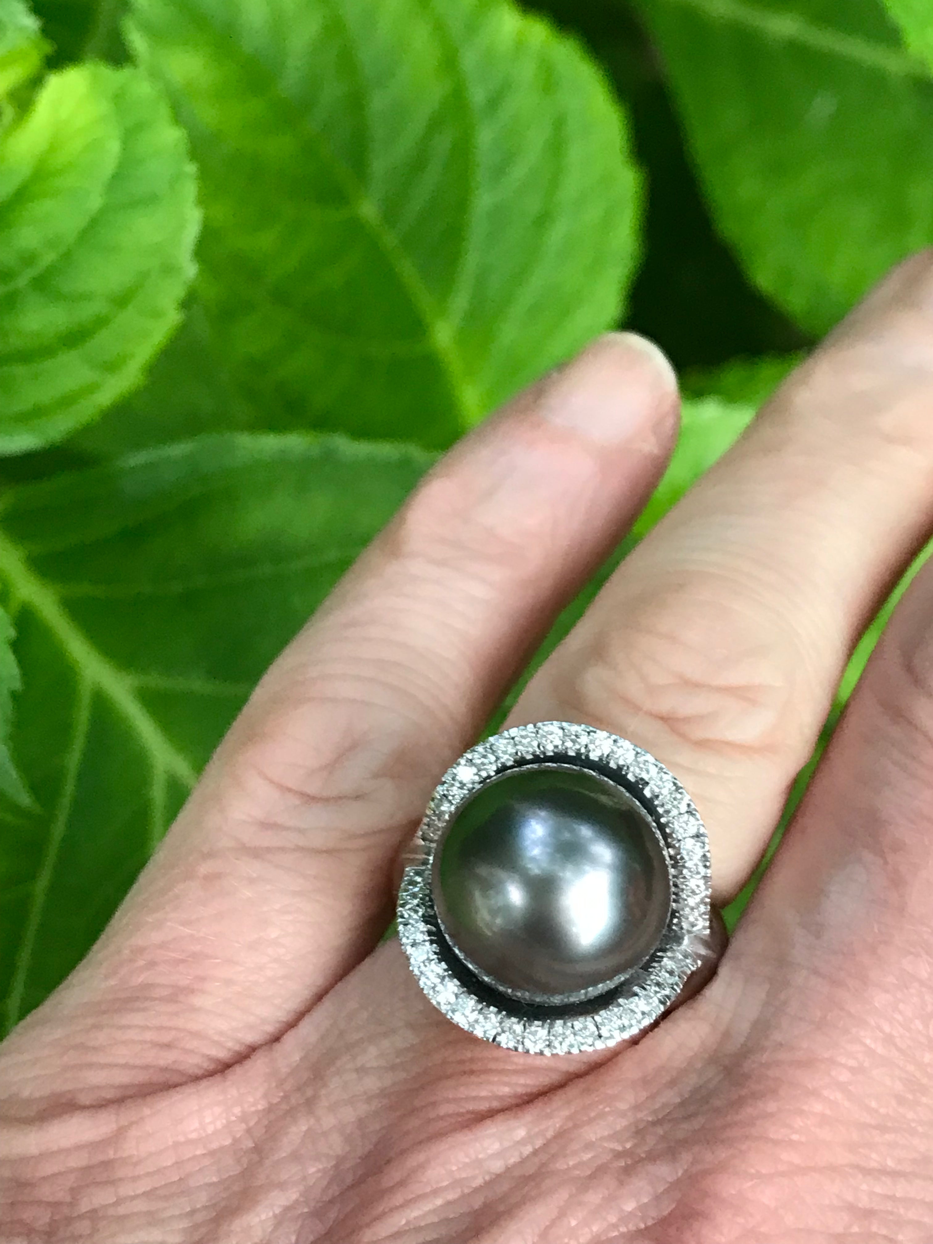 18K White Gold Tahitian Pearl & Diamond Elliptical Ring for Women - Elegant Wedding, Engagement, Anniversary Gift for Her