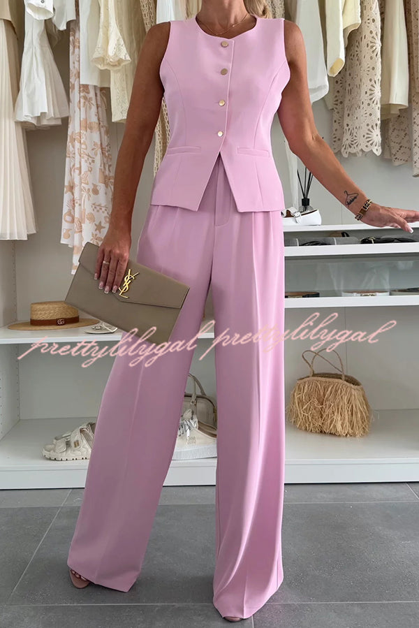 Stylish Women's Sleeveless Button Vest & Relaxed Pocket Wide Leg Pants Set - Office Workwear & Business Casual Outfit for Professional Women