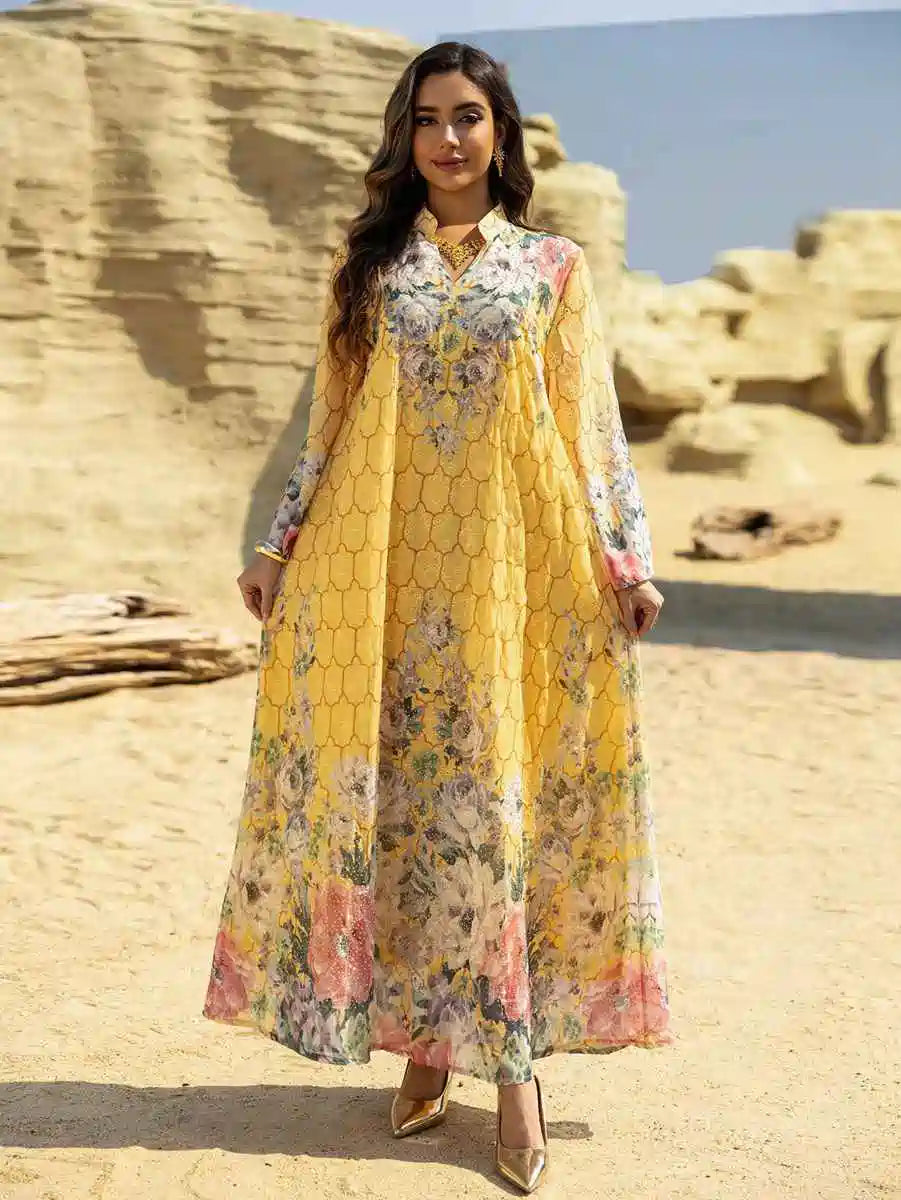 Elegant Eid Dress for Women - Embroidered Caftan Kaftan with Floral Print #25463 | Perfect for Eid Celebrations, Weddings & Special Occasions