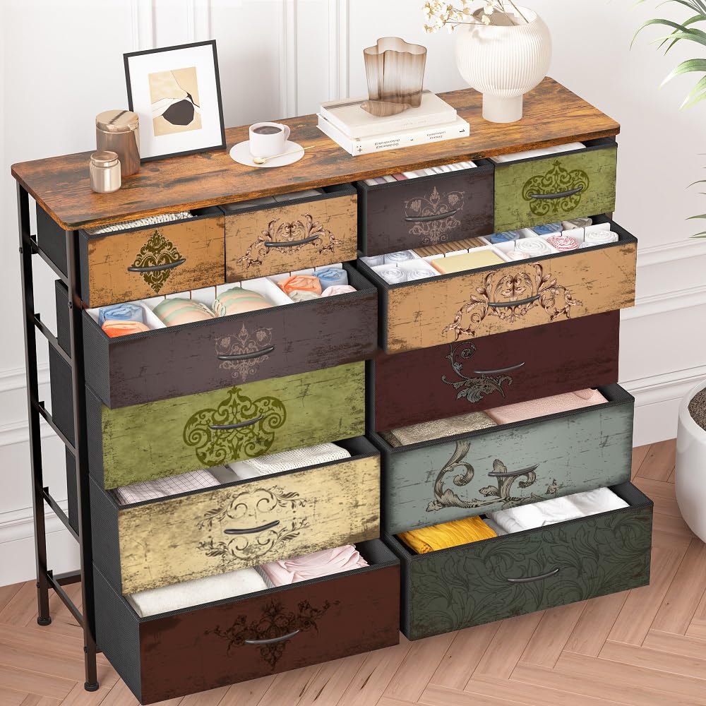 12-Drawer Tall Fabric Dresser for Bedroom - Modern Storage Chest with Drawers for Closet, Nursery, Bedside, Living Room, Entryway & Hallway | Space-Saving Organizer for Clothes, Toys & Home Essentials (Pattern)