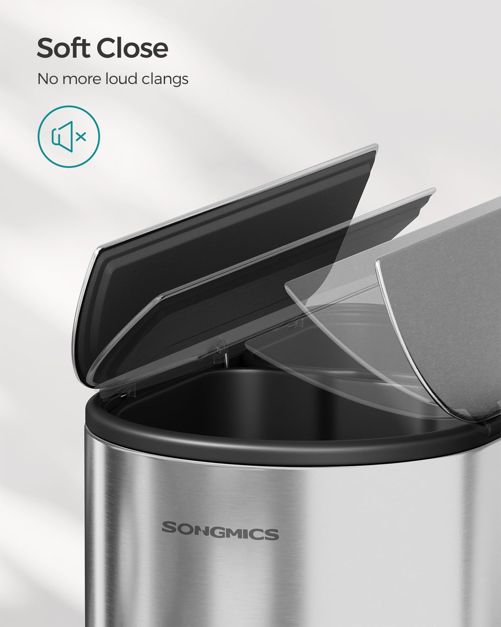 SONGMICS 13-Gallon Dual Compartment Stainless Steel Kitchen Trash Can with Soft Close Wing Lids - 5.3 & 8 Gallon Inner Buckets, Metallic Silver ULTB570E50 | Perfect for Home, Office, Restaurant & Commercial Use
