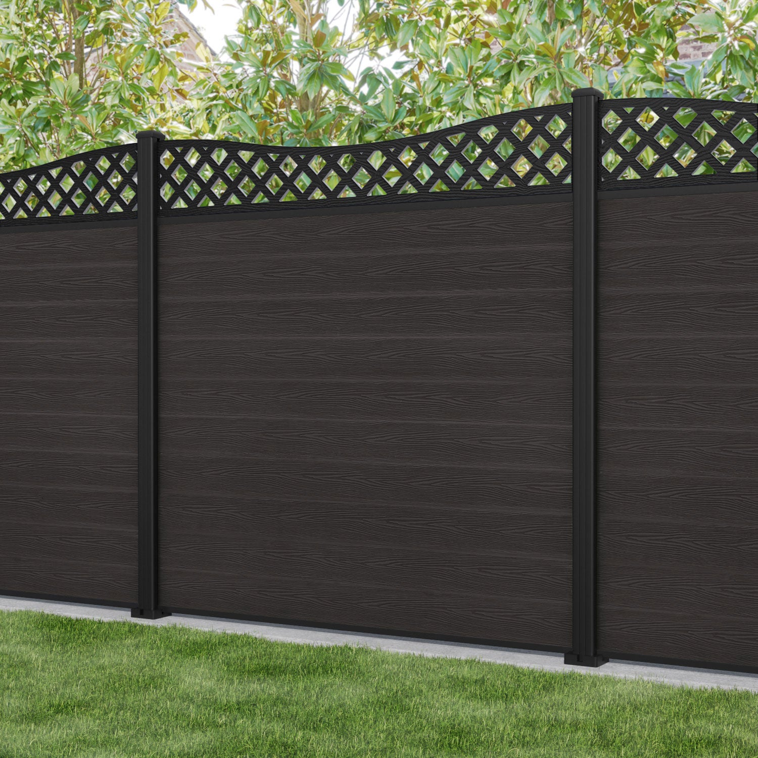 Dark Oak Classic Low Wave Fence Panel with Aluminum Posts - Durable & Stylish Backyard Privacy Fence for Gardens, Patios, and Pool Areas