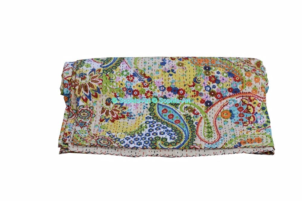 Sophia-Art Handmade Indian Kantha Cotton Quilt - Paisley Print Bohemian Bedspread, Sofa Cover & Throw Blanket for Bedroom, Living Room & Outdoor Use