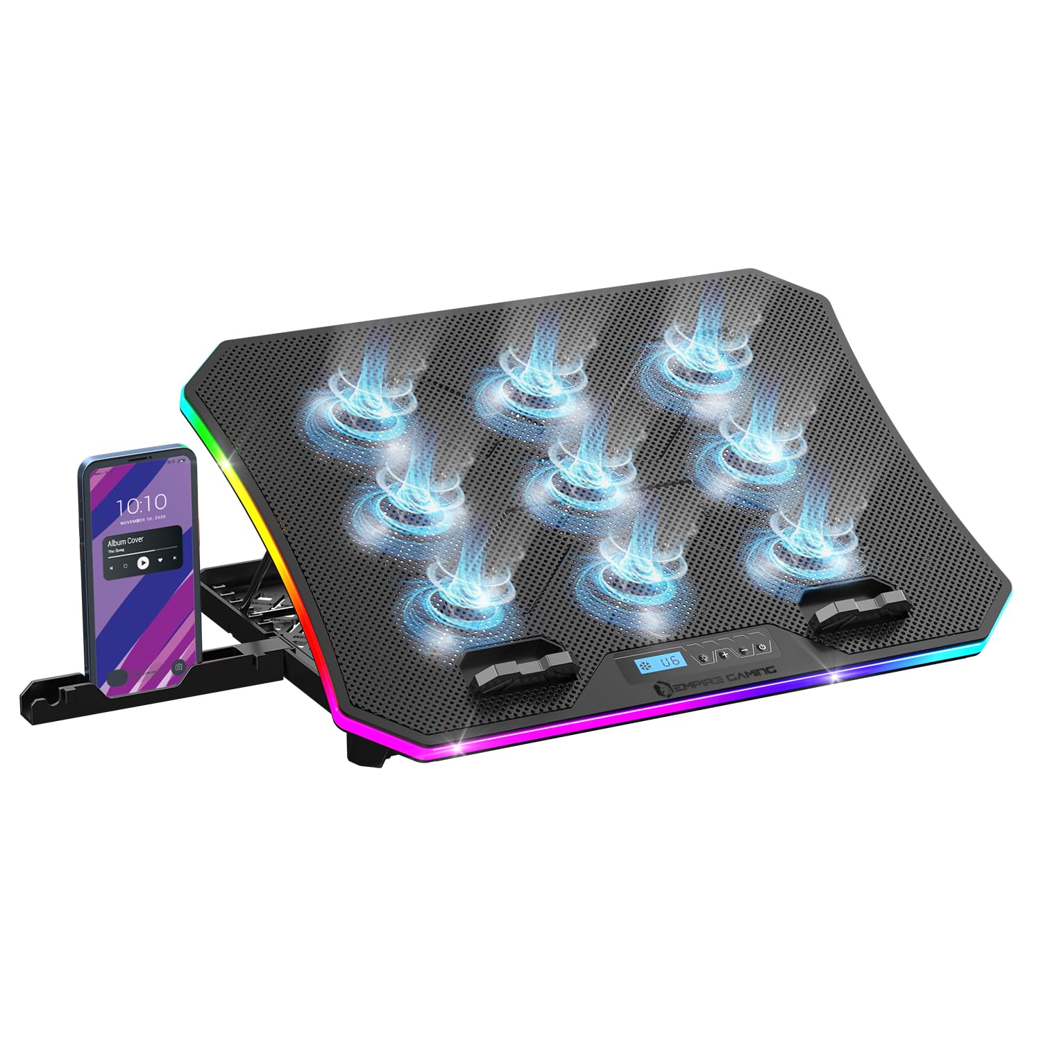 EMPIRE GAMING Guardian C900 Laptop Cooling Pad (2024 Model) - 9 RGB Fans with LCD Controller, 10 Color Modes - Adjustable Height Stand for 12-18 Inch Gaming Laptops - Perfect for PC Gaming, Streaming & Office Work