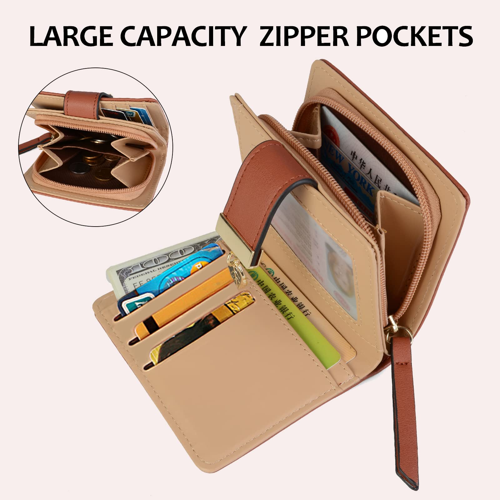 VODIU Women's Leather Bifold Wallet with Zipper - Medium Size Short Purse for Credit Cards, Cash & Coins - Stylish Buckle Clutch for Everyday Use, Travel & Shopping