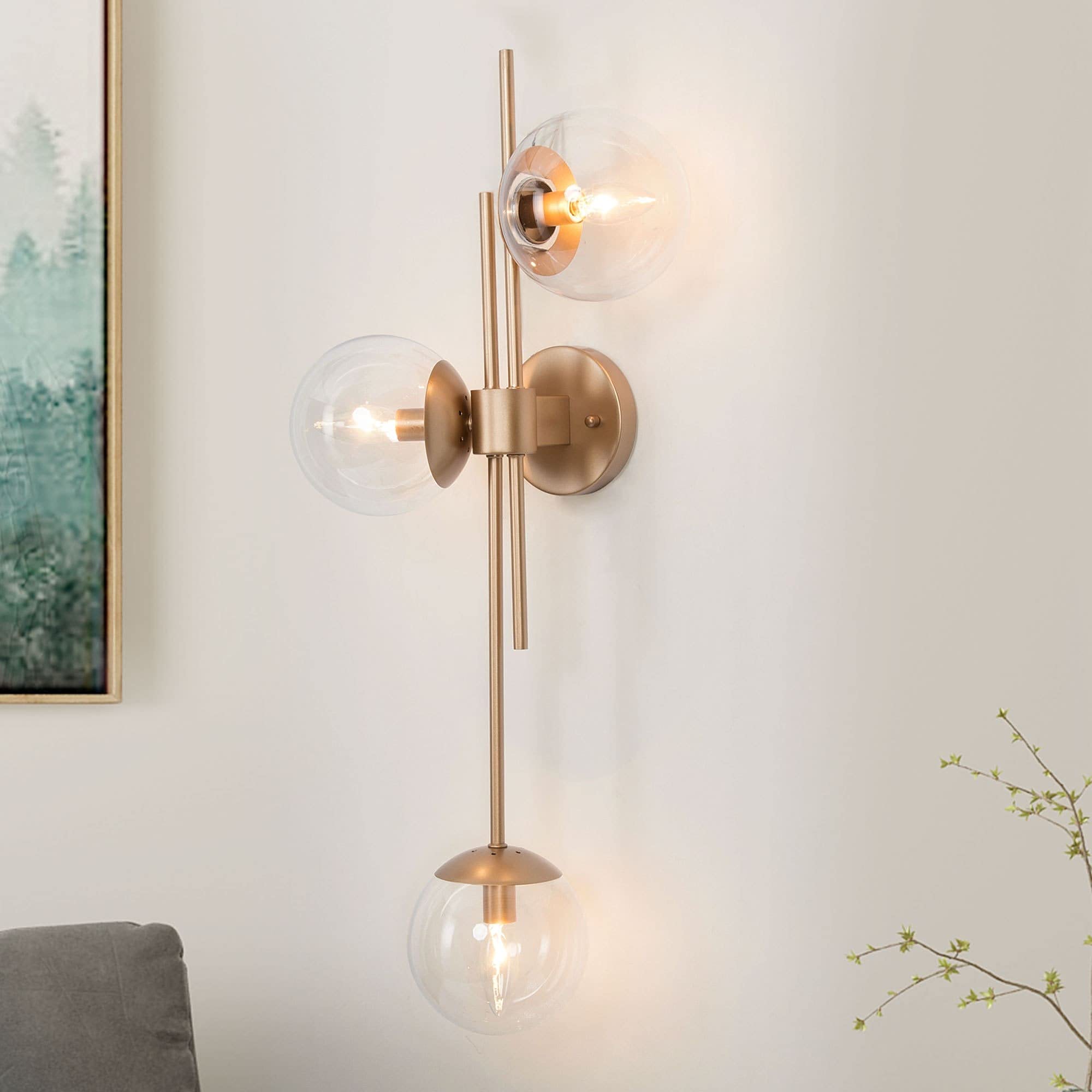 3-Light Modern Gold Bathroom Vanity Lights - Globe Clear Glass Wall Sconces - Mid-Century Contemporary Style (30.5