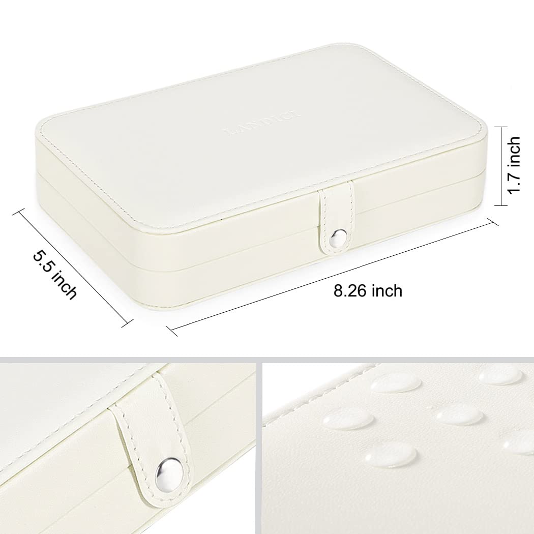 LANDICI Small Jewelry Box for Women & Girls - PU Leather Travel Jewelry Organizer Case with Storage Compartments for Rings, Earrings, Necklaces & Bracelets - Perfect Gift for Her, Kids & Men - Portable Jewelry Display Holder for Travel, Home & Office - White