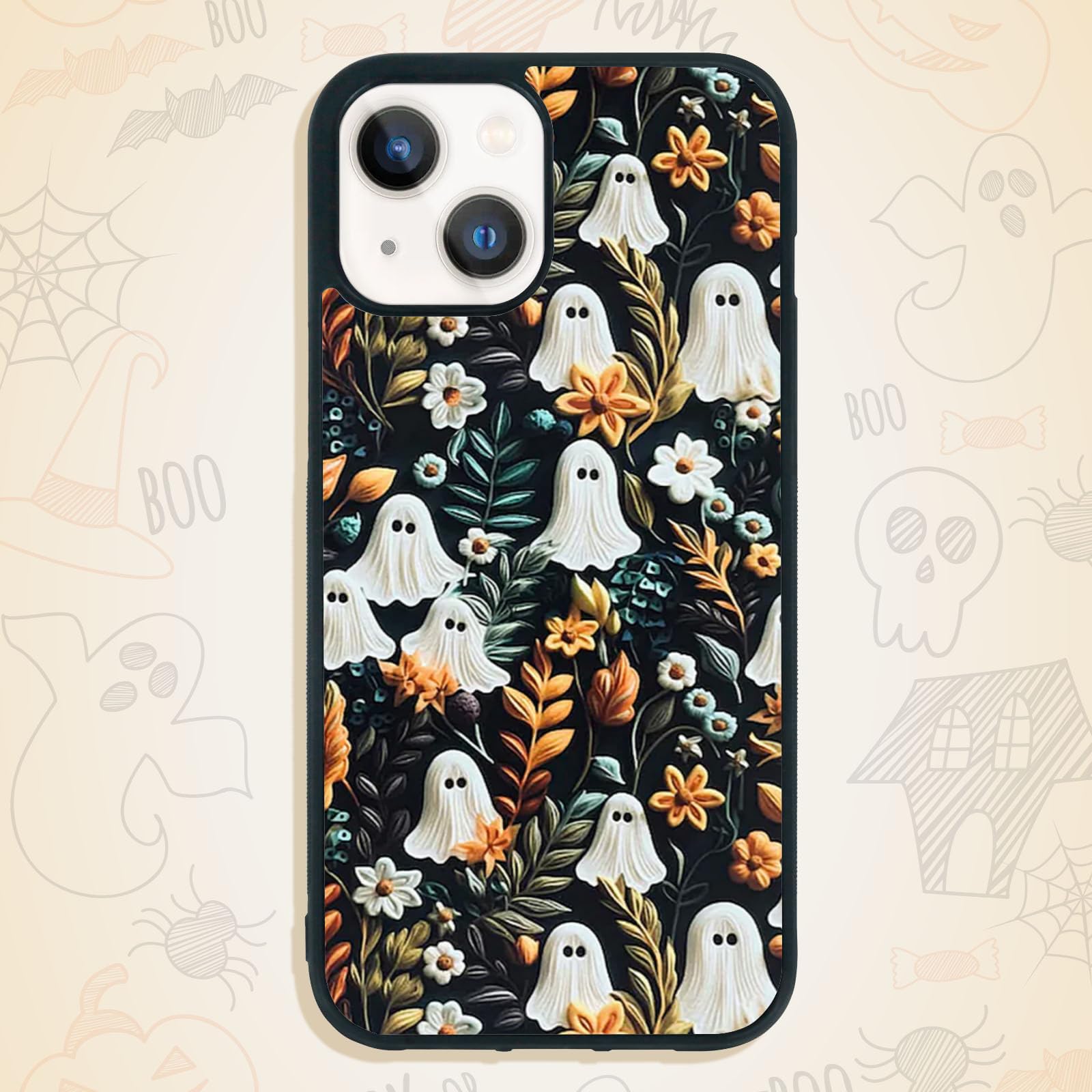 Spooky Halloween Ghost Phone Case for iPhone 14/13/12/11 Pro Max - Cute Flower Ghost Design, Soft Silicone Protective Cover - Perfect Halloween Gift for Teens & Kids (Style 1) | Great for Trick-or-Treating, Halloween Parties & Daily Use