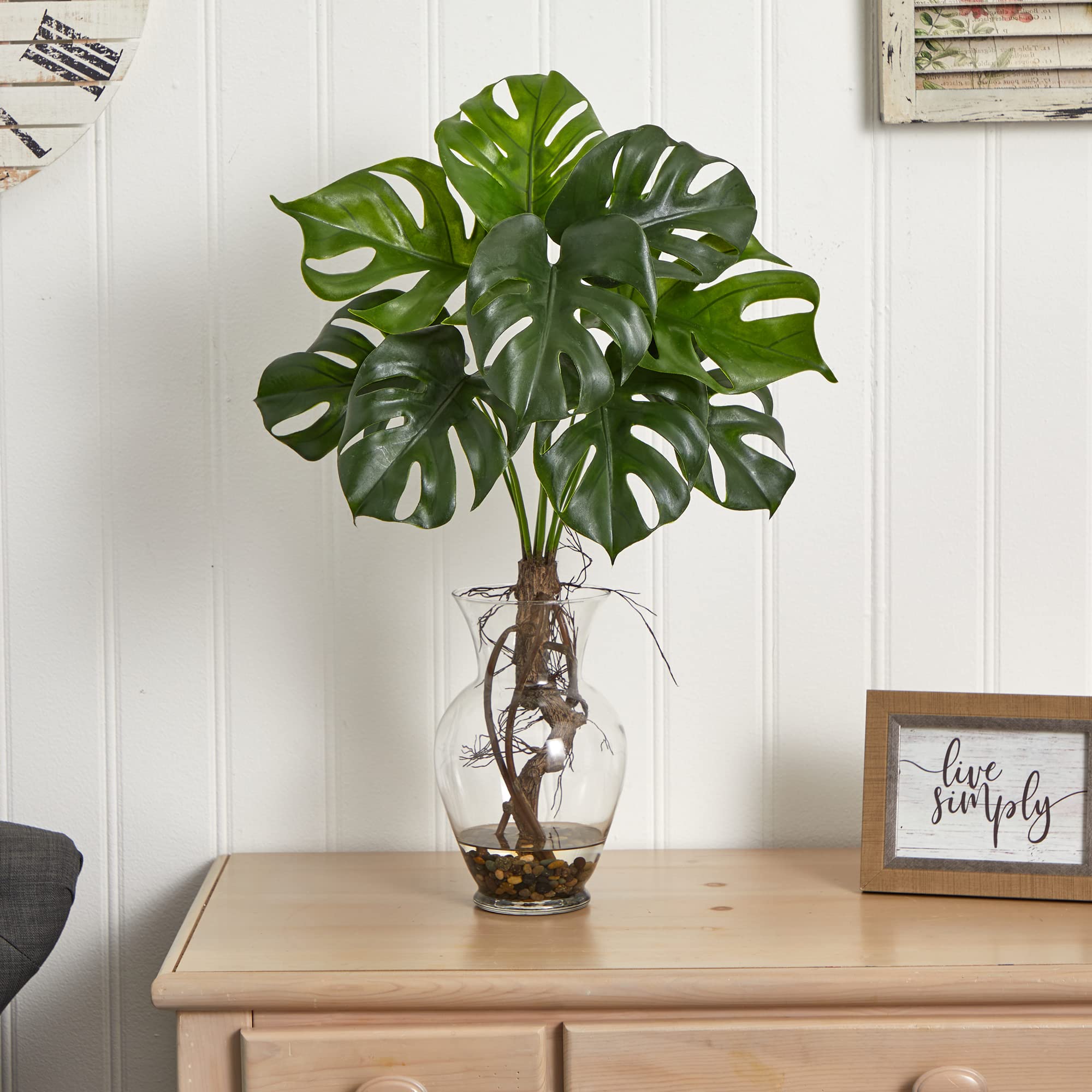 Nearly Natural 26 Inch Artificial Monstera Plant in Decorative Rocks with Glass Vase - Perfect for Home Office Decor, Living Room Centerpiece, and Indoor Greenery Enhancement