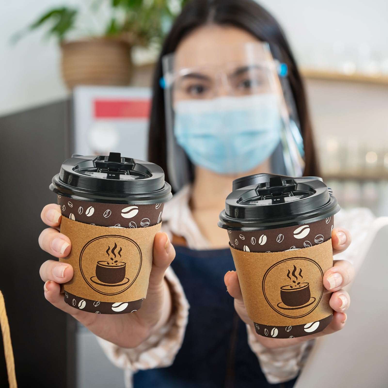 JOLLY PARTY 10oz (100 Pack) Disposable Coffee Cups with Lids, Sleeves & Straws - BPA Free Paper Coffee Cups for Hot Drinks - Ideal for Coffee Shops, Cafes, Concession Stands, Office Break Rooms & Home Use (Dark Brown)