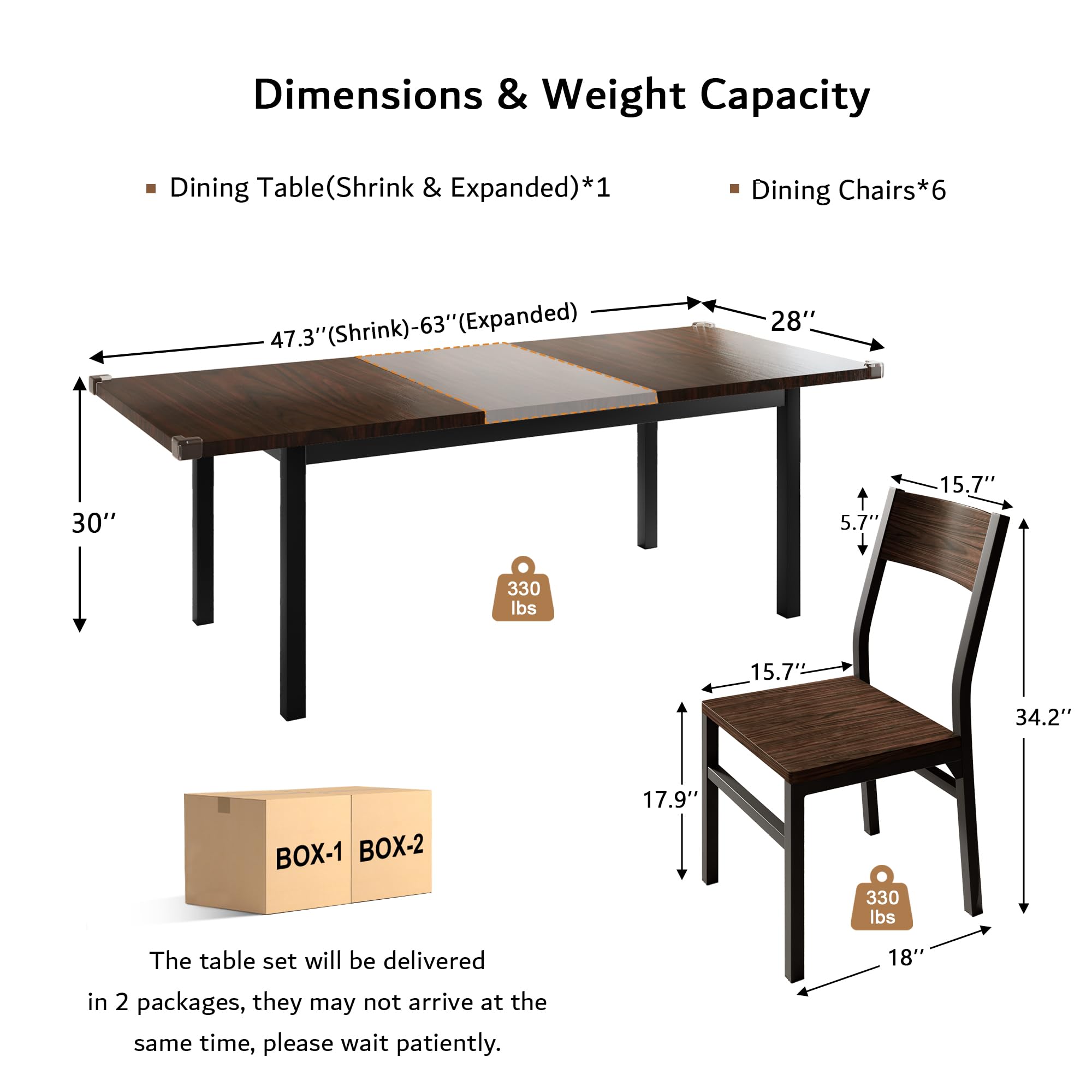 iPormis 7-Piece Extendable Dining Table Set for 4-6 People, 63