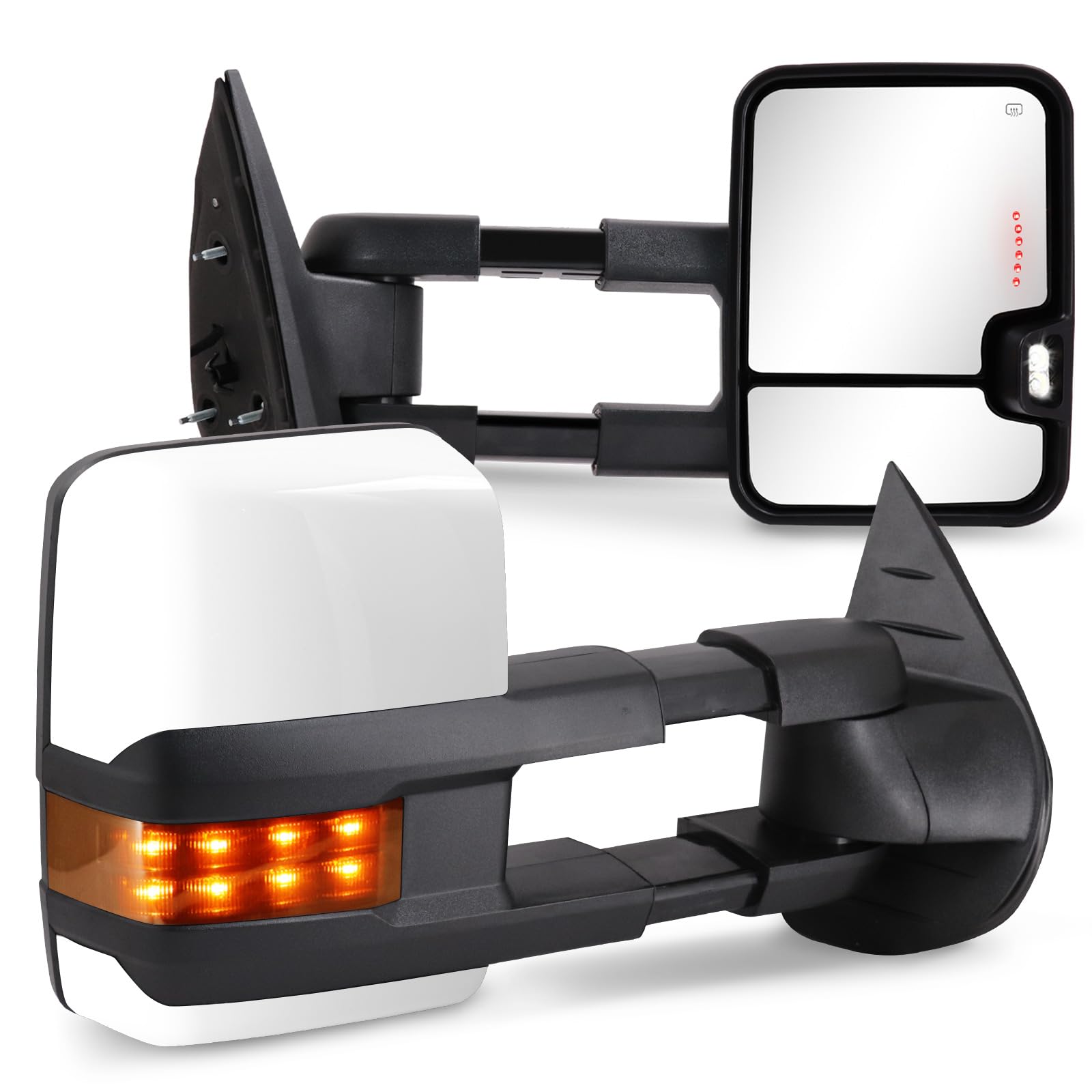 Chevy Silverado & GMC Sierra 1500/2500HD/3500HD Towing Mirrors (2007-2014) - Power Heated, Turn Signal, Backup Light, Manual Telescoping & Folding - 8624 White - Perfect for Towing, Camping & Off-Road Adventures