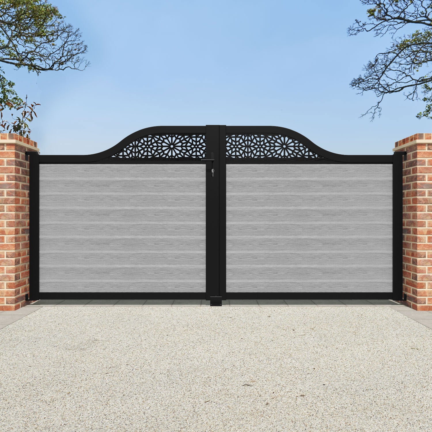 Classic Alnara Curved Top Driveway Gate in Light Grey with Top Screen - Perfect for Home Security & Stylish Property Entrance