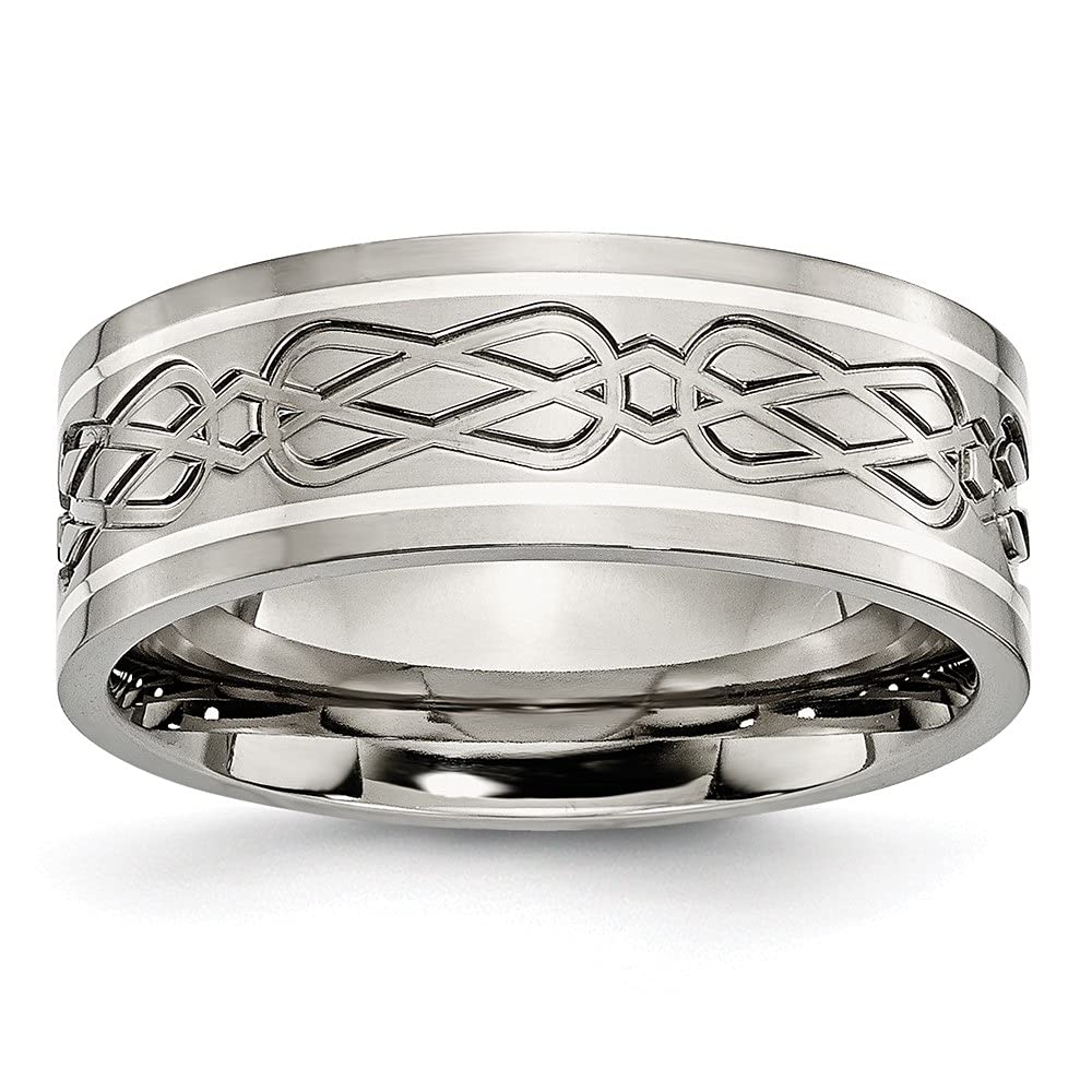 Diamond2Deal Titanium & Silver 8mm Inlay Celtic Knot Flat Polished Wedding Band Ring for Men - Durable Comfort Fit Jewelry for Weddings, Anniversaries & Special Occasions