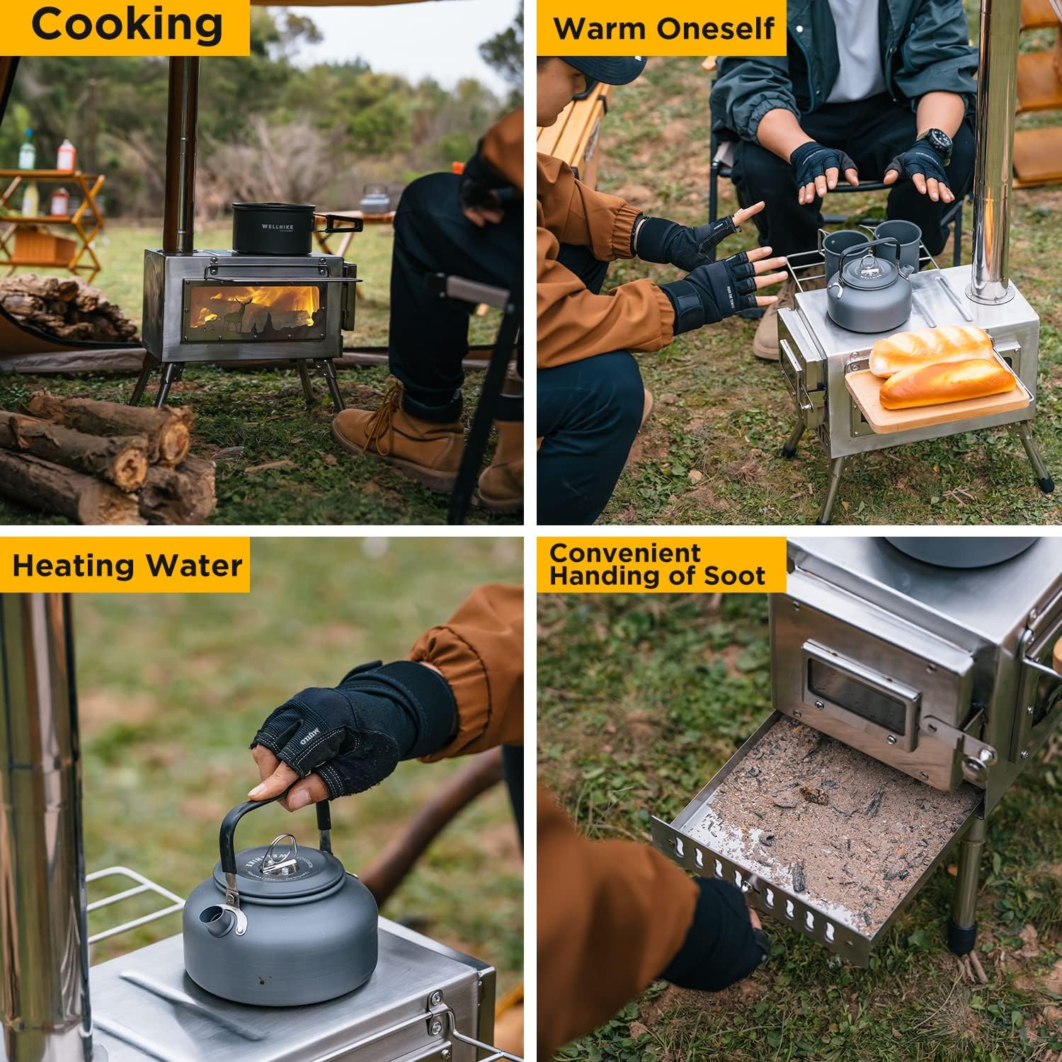 Portable Wood Burning Camping Stove with Chimney Pipe - Outdoor Tent Heater & Cooking Stove for Backpacking, Survival, Emergency Preparedness & Off-Grid Living