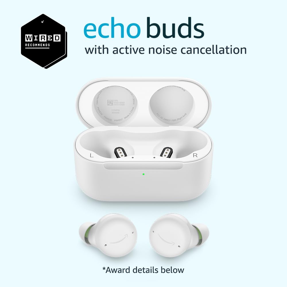 Amazon Echo Buds (2023 Newest Model) - Wireless Bluetooth Earbuds with Active Noise Cancellation, Alexa Built-in & Wireless Charging Case - Glacier White - Perfect for Commuting, Workouts & Travel