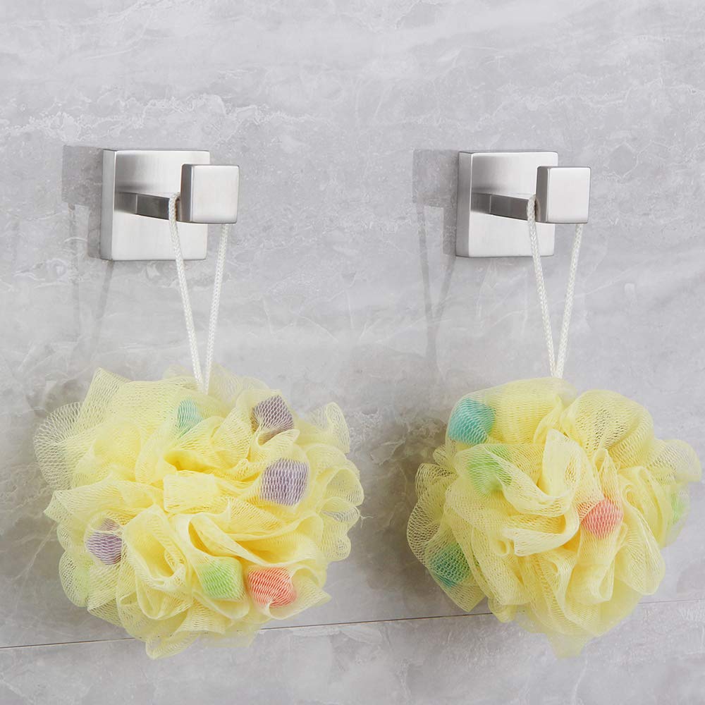 2 Pack Heavy Duty Brushed Stainless Steel Wall Mounted Towel & Robe Hooks - Bathroom, Kitchen, Closet, Garage & Hotel Use - Durable Coat & Clothes Hanger for Doors, Cabinets & Sponge Storage