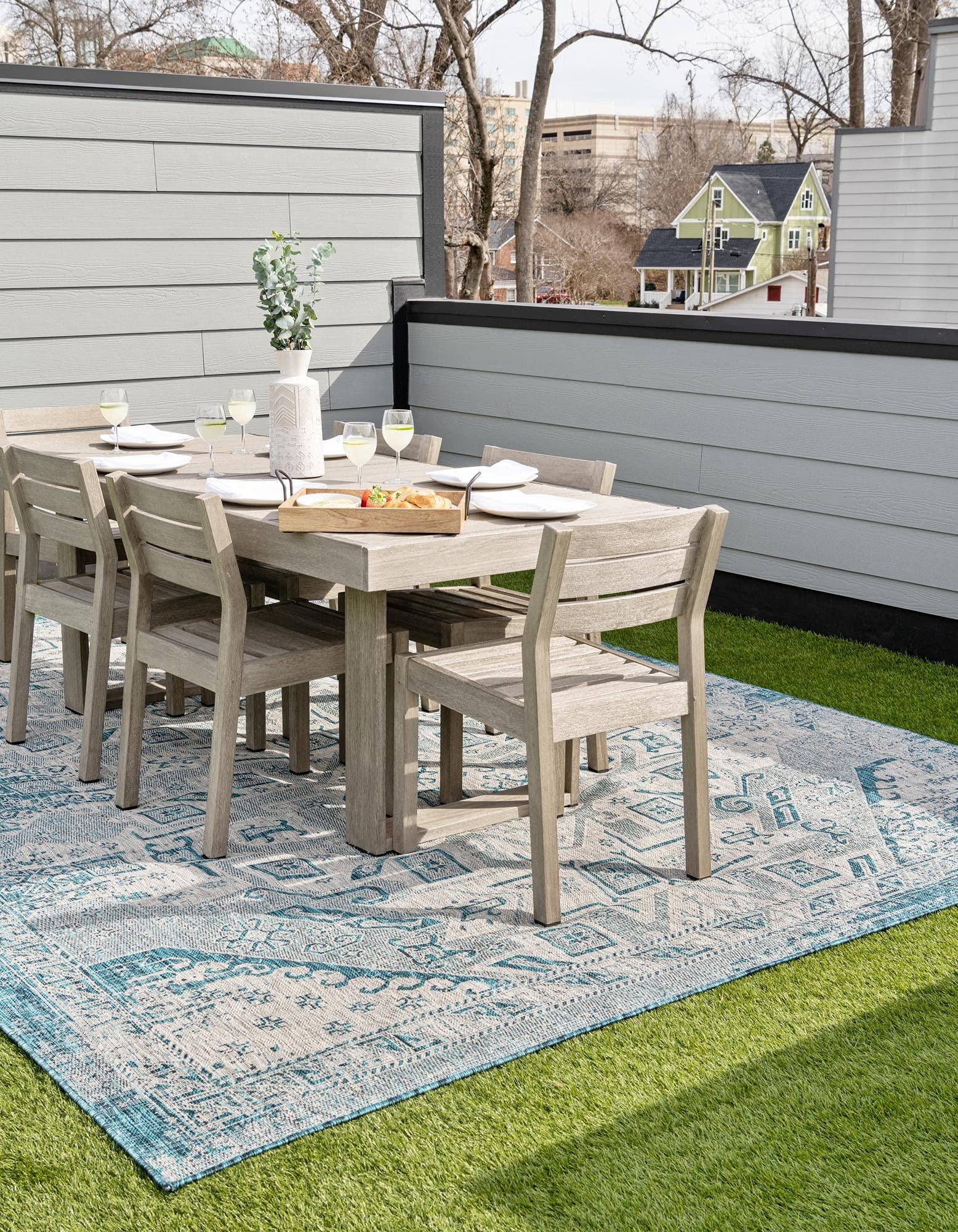 Aztec Flatweave Outdoor Rug 10' x 14' Teal - Durable & Stylish Area Rug for Patio, Deck, or Sunroom - Perfect for Living Rooms, Large Dining Areas & Open Floor Plans