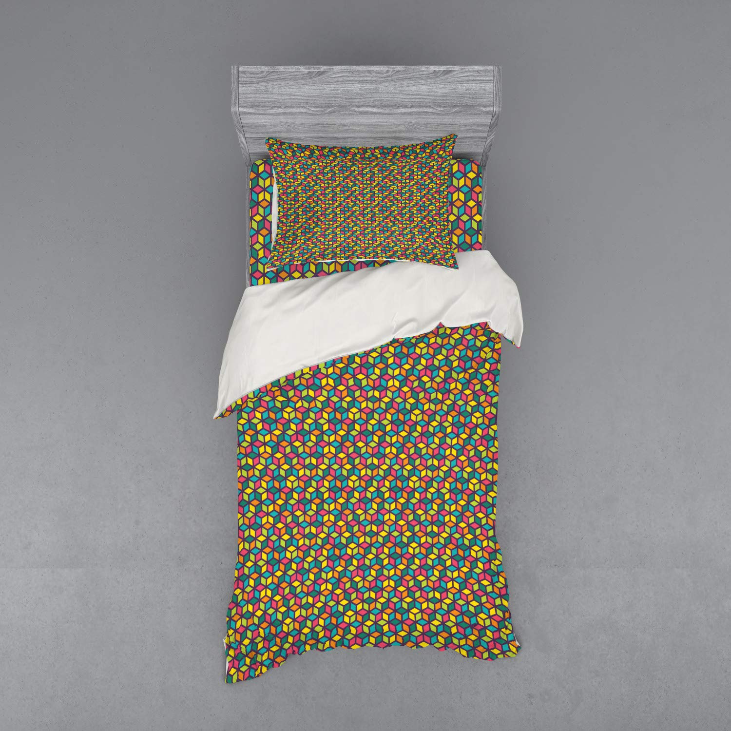 Ambesonne Geometric Bedding Set - Colorful Abstract Cubes & Mosaic Tile Design, 3-Piece Duvet Cover Set with Pillow Sham & Fitted Sheet, Twin Size, Vibrant Multicolor | Modern Bedroom Decor for Teens & Adults