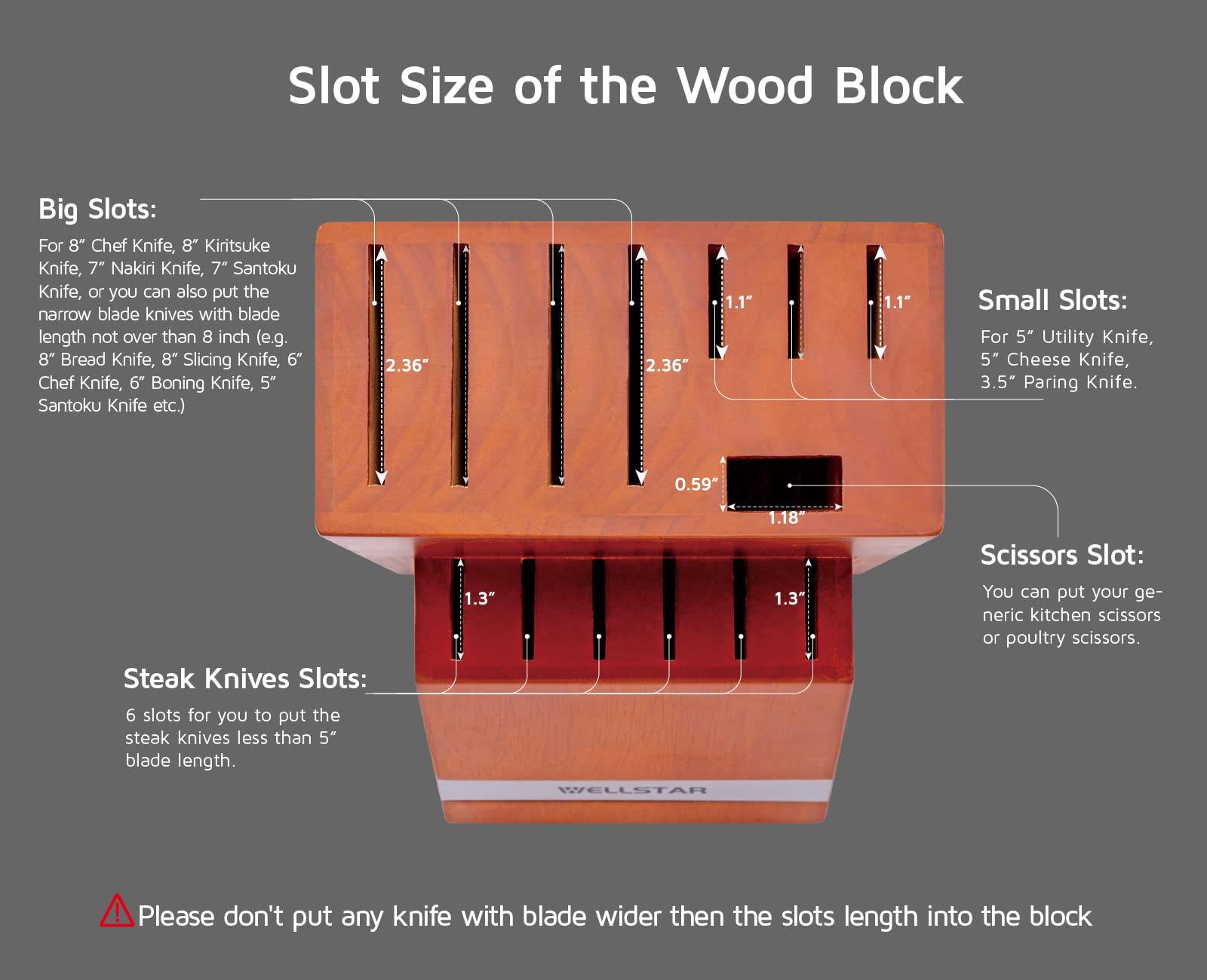 WELLSTAR 14-Slot Natural Wood Knife Block Holder - Hardwood Countertop Knife Storage Organizer (Brown) - Perfect for Kitchen Countertops, Chef's Knives & Cutlery Organization