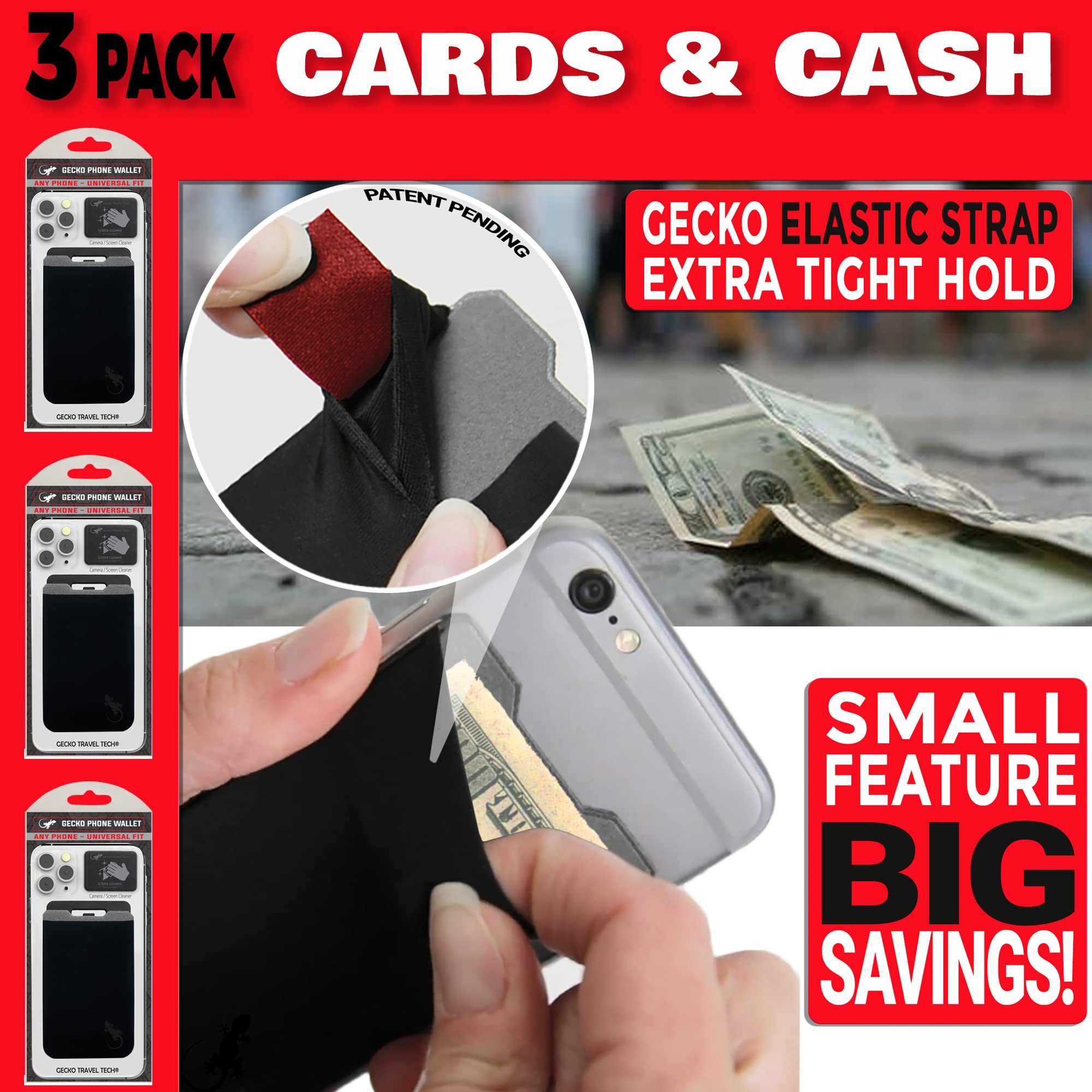 3 Pack Gecko Phone Wallet with Stand - Sticky Card Holder for iPhone & Samsung - Slim Phone Accessories for Credit Cards & ID - Perfect for Travel, Shopping & Everyday Use (Black)