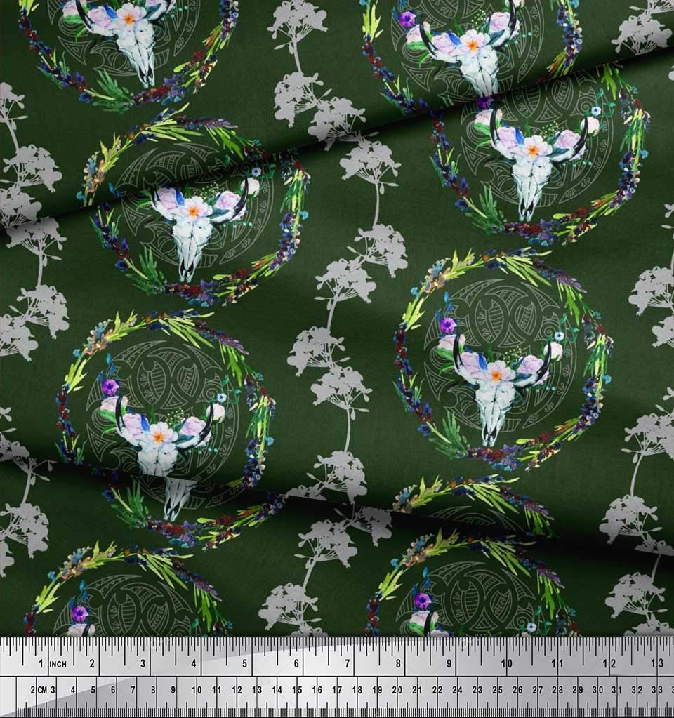 Soimoi Floral Wreath & Skull Animal Print Polyester Crepe Fabric - 1 Yard 42