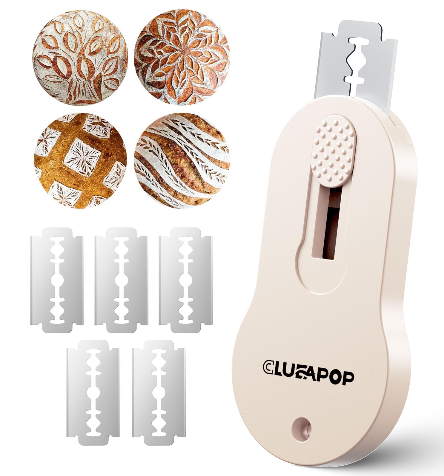 Premium Sourdough Bread Lame Kit - Stainless Steel Dough Scoring Tool with 5 Razor Blades & Magnetic Handle - Includes Scoring Patterns Booklet for Artisan Bread Baking - Perfect for Home Bakers & Professional Bakeries (Cream)