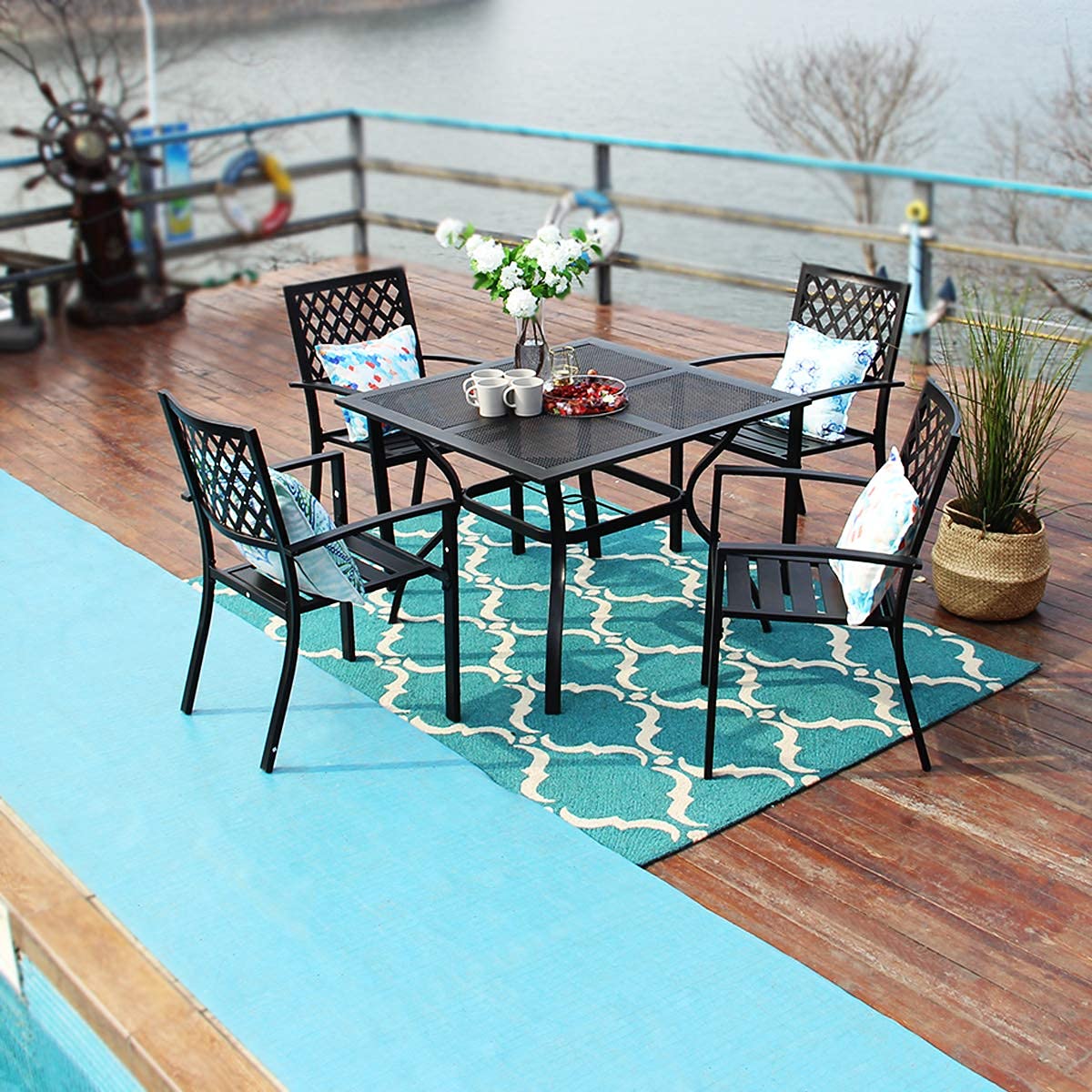PHI VILLA 4-Piece Black Wrought Iron Outdoor Dining Chair Set - Stackable Patio Bistro Chairs with Armrests & Fishnet Pattern Design for Garden, Poolside, and Restaurant Outdoor Seating