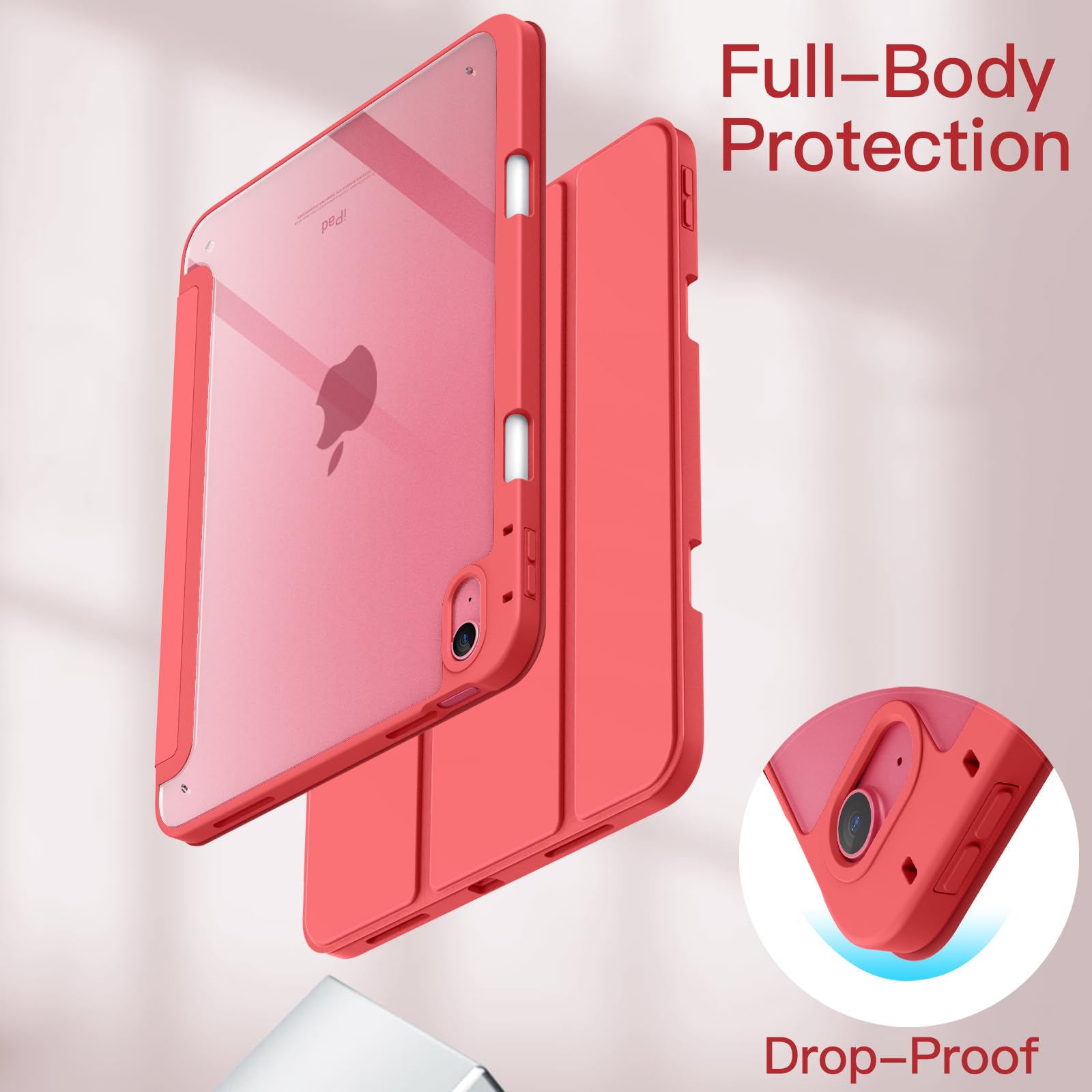 JETech Clear Shockproof iPad Case for iPad 11th/10th Gen (2025/2022 Model A16) - Slim Stand Cover with Pencil Holder & Auto Wake/Sleep - Watermelon Color - Perfect for Work, School & Travel Protection