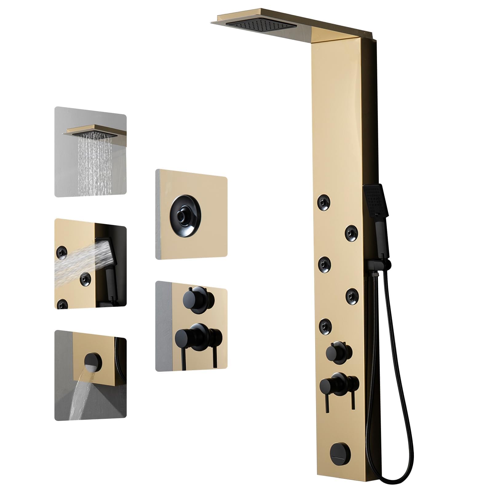 Stainless Steel Gold Shower Panel System - Multi-Function Shower Tower with Rainfall Head & Waterfall Tub Spout for Luxury Bathroom Upgrade | Perfect for Spa-Like Experience & Modern Bathroom Renovation