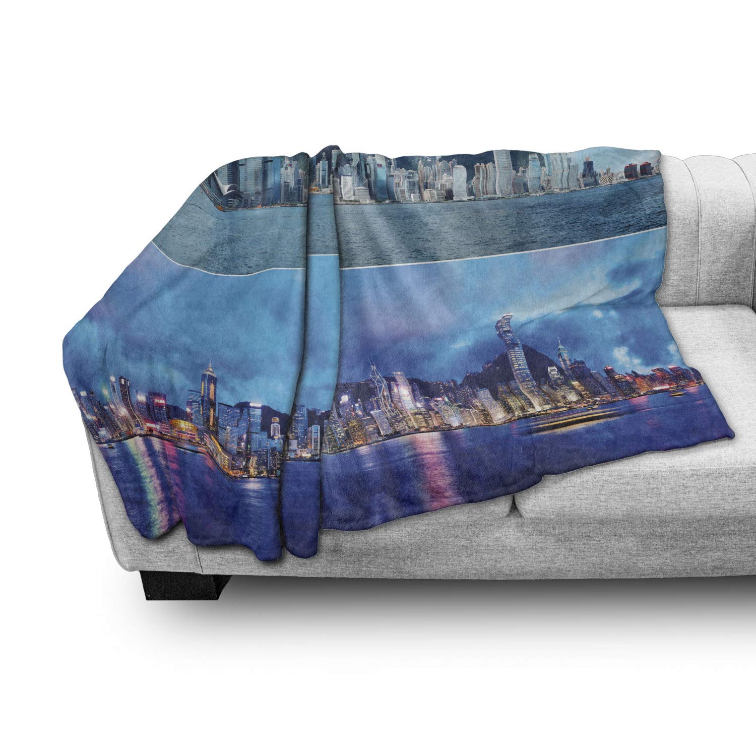 Ambesonne Urban Throw Blanket - Times of Hong Kong City Skyline Art Print, Soft Flannel Fleece Couch Cover for Adults, 60