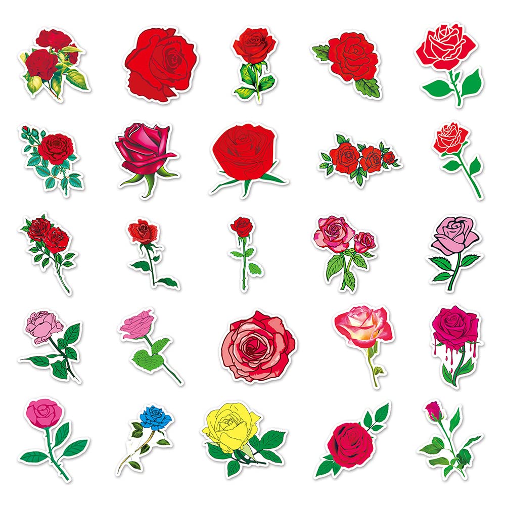 50 Pcs Waterproof Rose Vinyl Stickers - Decorative Floral Decals for Water Bottles, Laptops, Luggage, Skateboards & More | DIY Home, Office, School, Gift & Party Decorations
