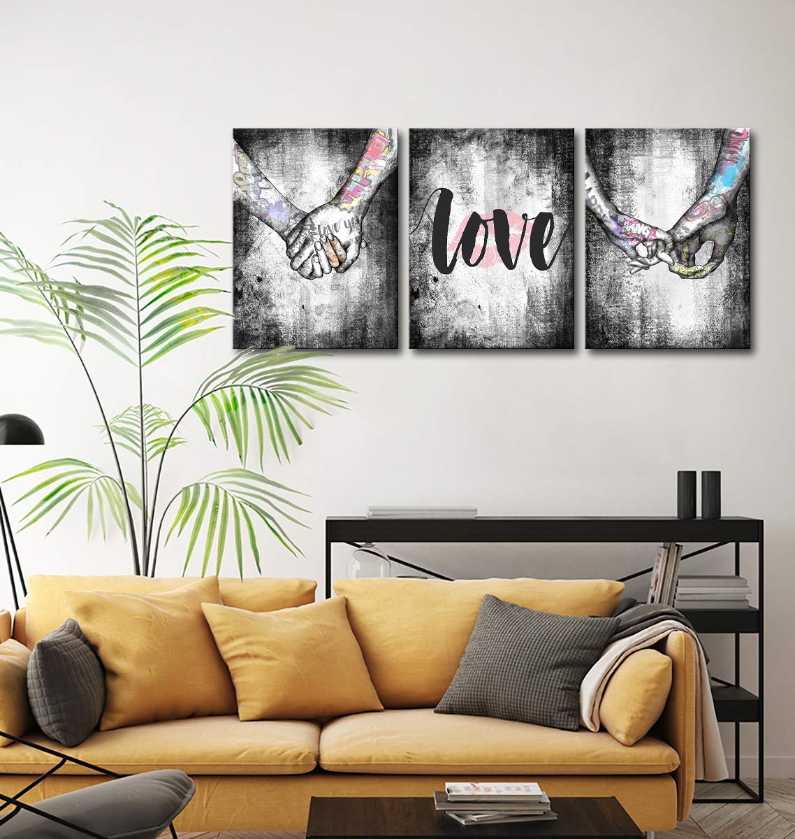 AMEMNY Black and White Wall Art - Love Hand in Hand Graffiti Painting Canvas Print, Modern Pop Art Poster for Bedroom & Living Room Decor - Framed Ready to Hang - Perfect for Couples' Home & Romantic Gift Ideas