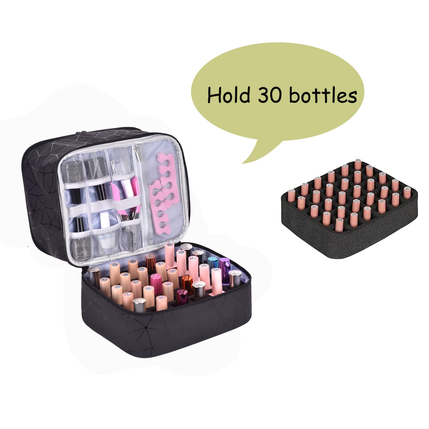 Double-Layer Nail Polish Organizer Bag - Storage & Drying Case Holds 30 Bottles (15ml) - Portable Nail Art Accessories for Salon, Travel & Home Use (Black)