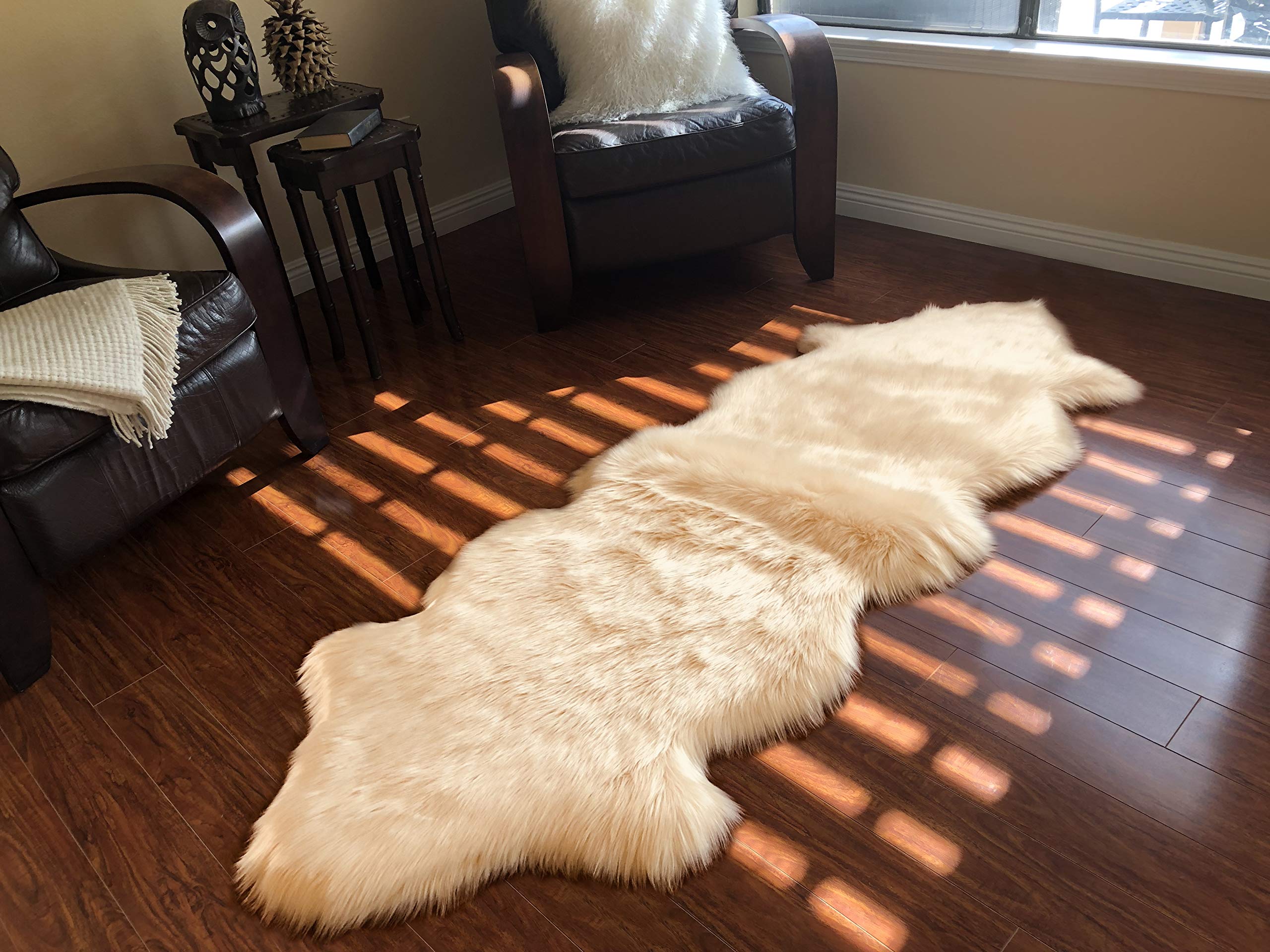 LAMBZY Genuine Sheepskin Silky Area Rug - Soft & Durable with Thick Non-Slip Bottom - Easy to Wash & Stain Resistant - 2' x 6' Champagne - Perfect for Kids Room, Nursery, Living Room & Bedroom Decor - Adds Warmth & Style to Your Home