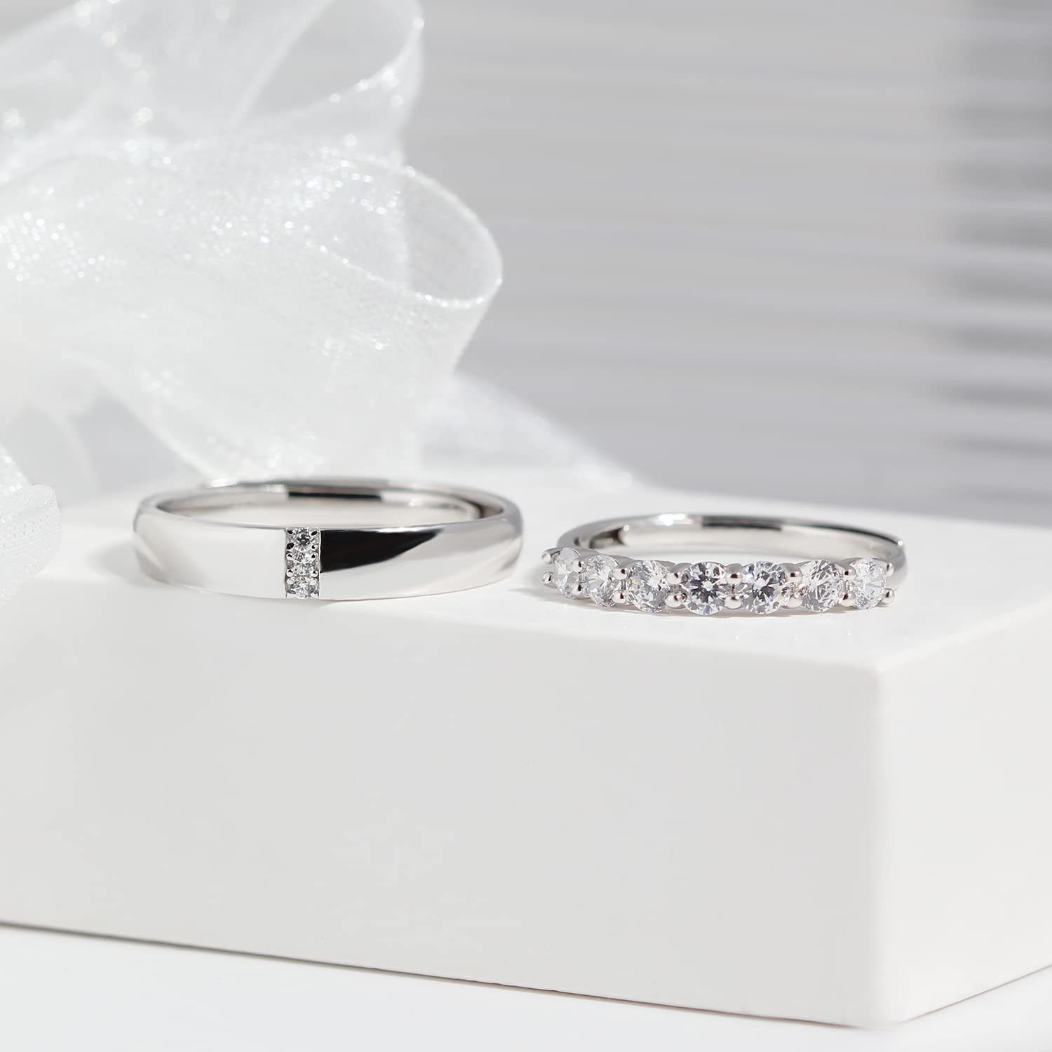Meissa Sterling Silver Couple Rings - Dainty Wedding Bands for Men & Women, Promise Rings with 7 Cubic Zirconia Stones, Matching Adjustable Size (Set of 2) - Perfect for Anniversaries, Engagements & Romantic Gifts