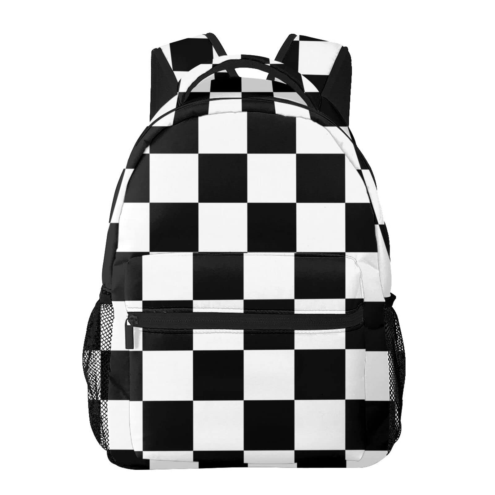 Black & White Checkered Flag Pattern Casual Backpack - Laptop School Bag for Men, Women, Teens - College Bookbag, Hiking Daypack, Travel Shoulder Bag - Perfect for School, Work, Commuting & Outdoor Adventures