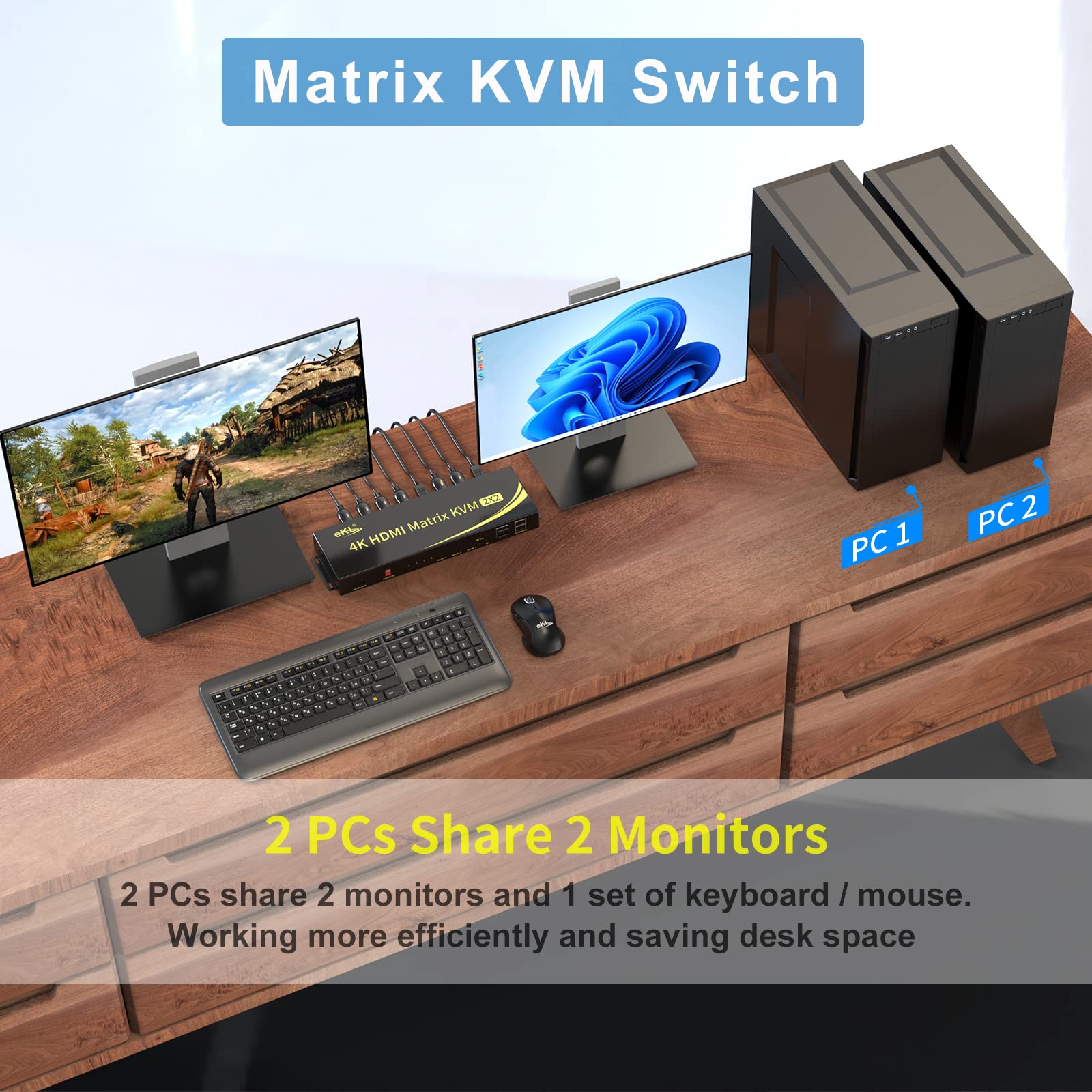 Huasion 4K@60Hz HDMI KVM Switch - Dual Monitor Support for 2 PCs, HDCP 2.2 Compatible - Perfect for Home Office & Multi-Device Workstations