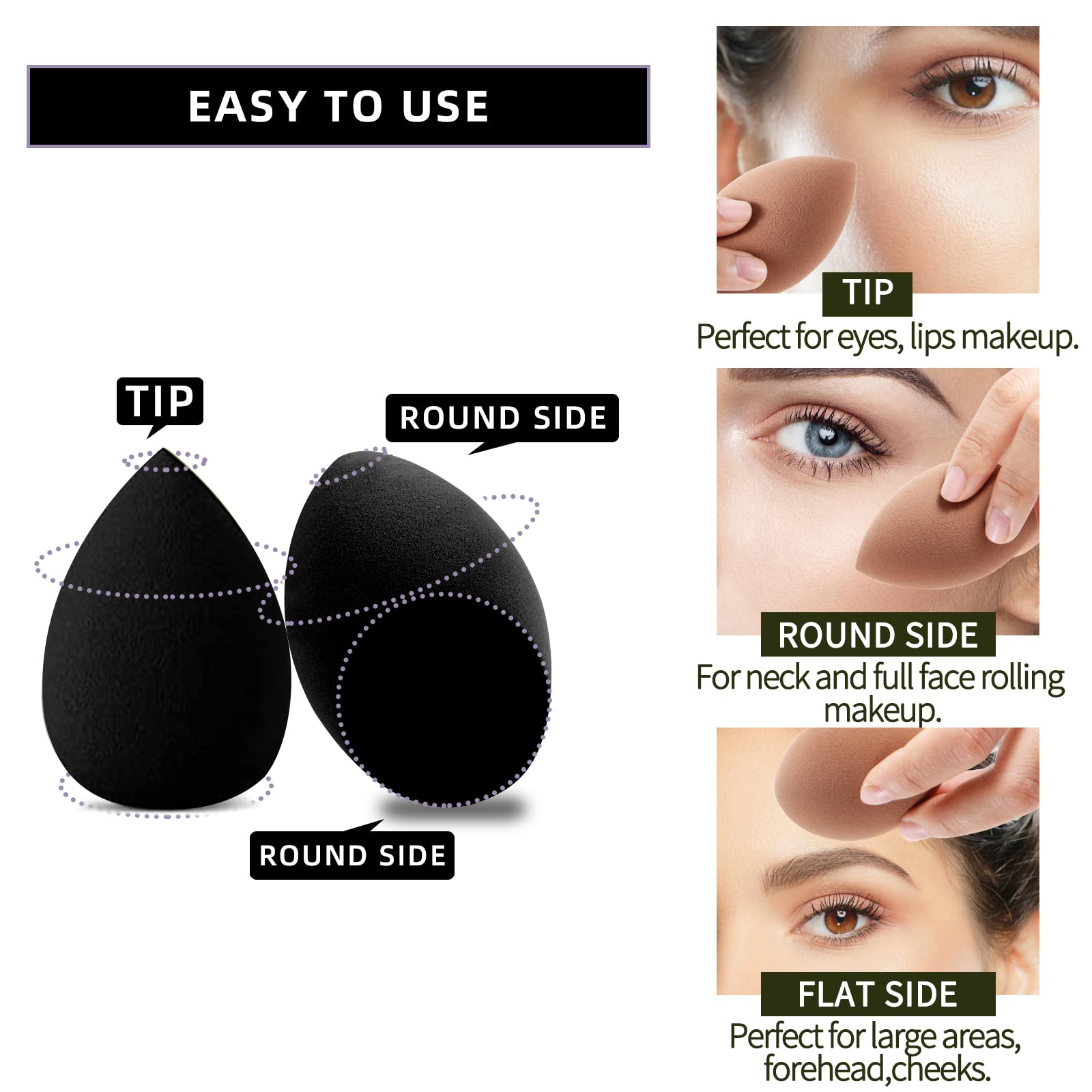 12 Pcs Beauty Blender Makeup Sponge Set with Holder - Flawless Liquid, Cream & Powder Foundation Blender - Multi-Colored Cosmetic Sponges for Professional & Everyday Makeup Application (Black)
