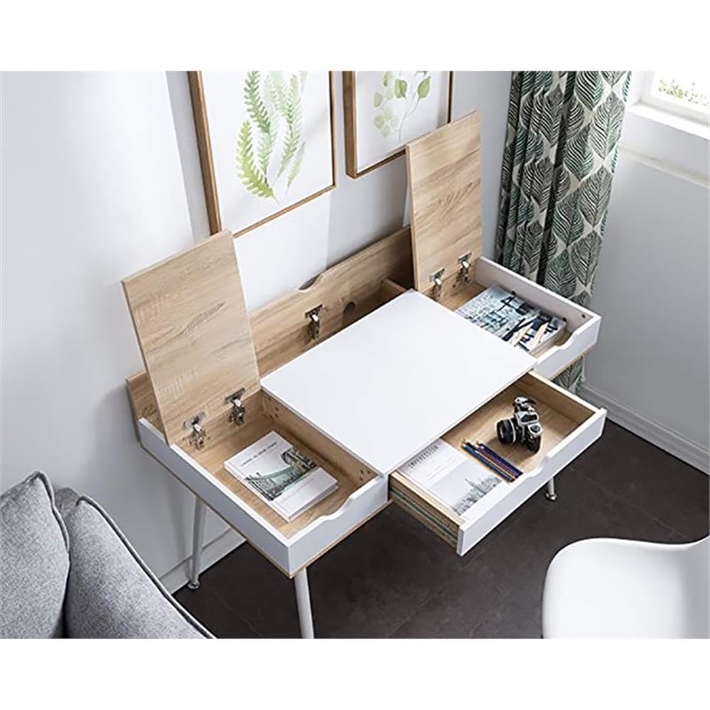 JJS Home Modern Computer Desk with Drawers - Sturdy Split Top Writing Desk, Spacious Workstation for Home Office, Bedroom or Study - Easy Assembly Contemporary White Desk for Work & Study