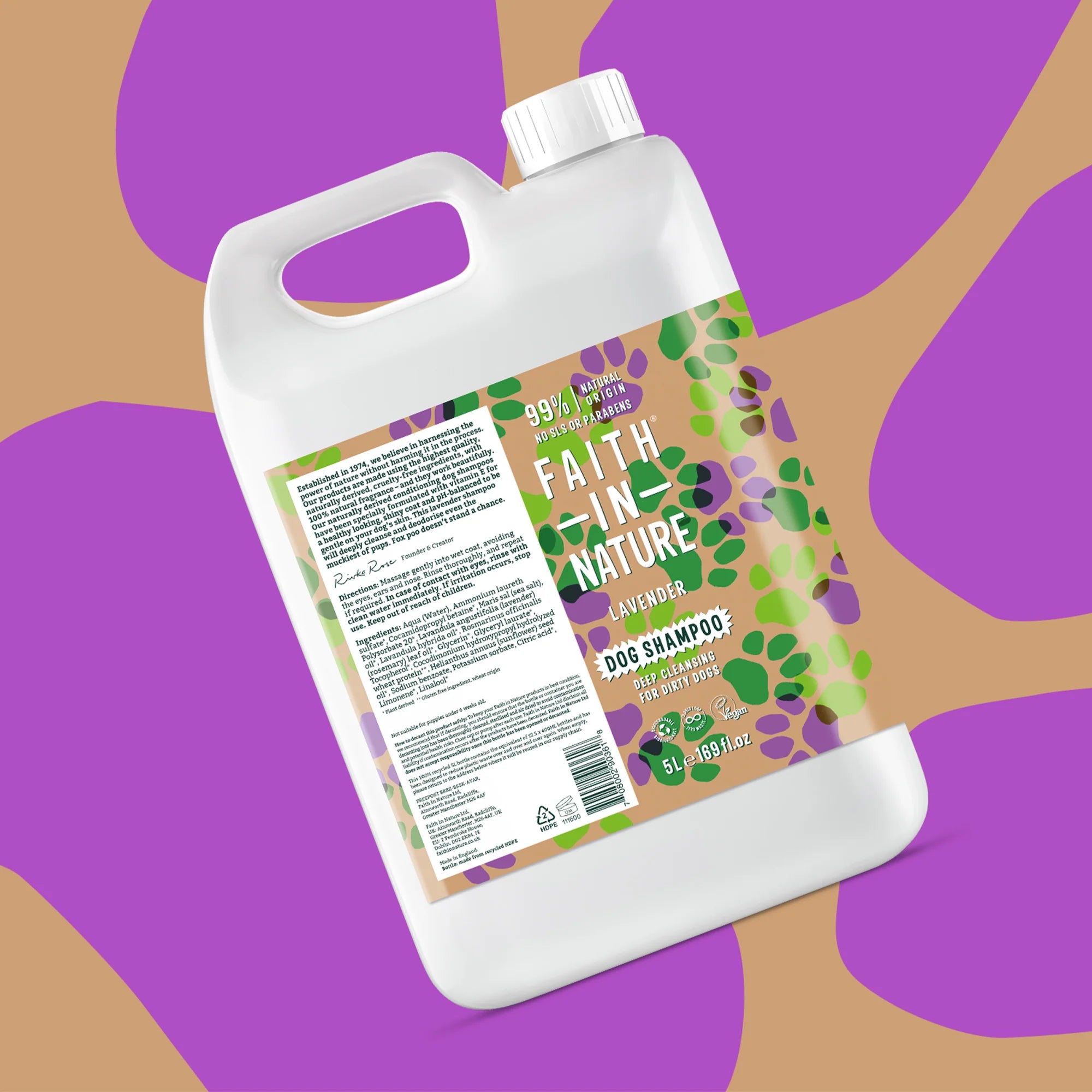 Faith In Nature Lavender Dog Shampoo 5L Refill - Natural & Gentle for Sensitive Skin - Perfect for Bathing, Grooming & Odor Control at Home or Pet Salon