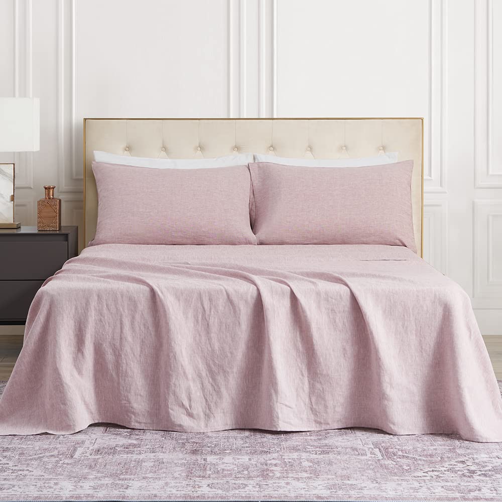 DAPU 100% French Linen Sheet Set - 4 Piece Queen Size (1 Flat Sheet, 1 Fitted Sheet, 2 Pillowcases) - Breathable & Durable Yarn-Dyed Bedding for Hot Sleepers - Smokey Pink - Perfect for Summer Nights & Luxury Hotel-Style Comfort