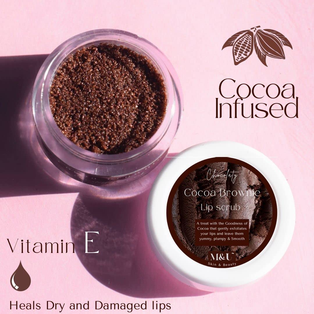 Organic Cocoa Brownie Chocolate Lip Scrub - Vegan Exfoliator for Soft, Smooth Lips | Heals & Moisturizes Dark, Chapped Lips | Men & Women | Perfect for Winter Care & Pre-Makeup Prep