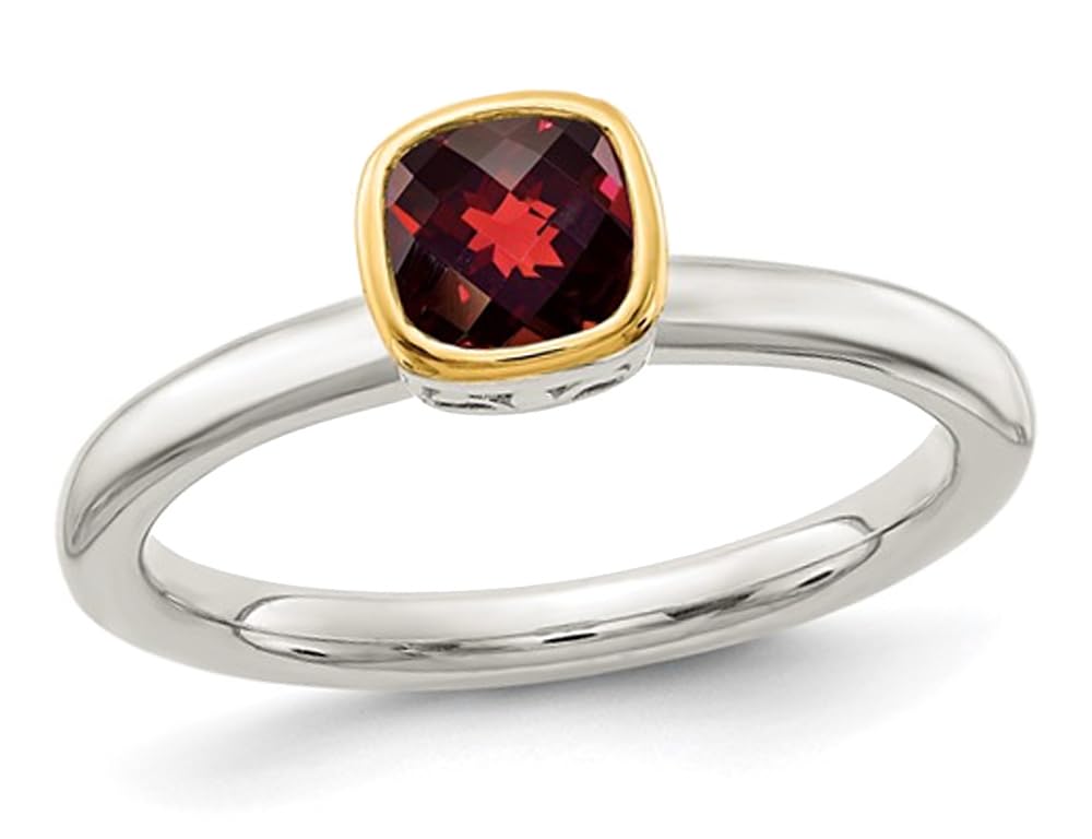 4/5 Carat (ctw) Sterling Silver Solitaire Garnet Ring with Yellow Gold Accent - Elegant Gift for Anniversary, Birthday & Valentine's Day